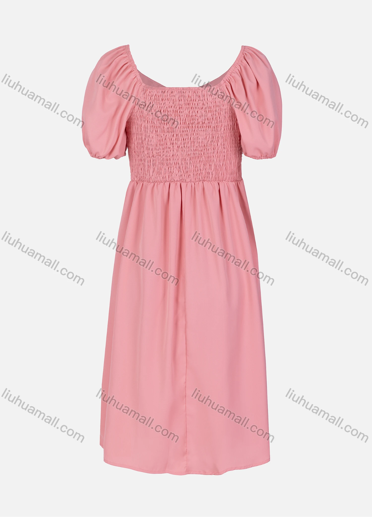 Wholesale Women's Casual Plain Ruched Shirred V Neck Short Sleeve Midi Dress 2326# - Liuhuamall