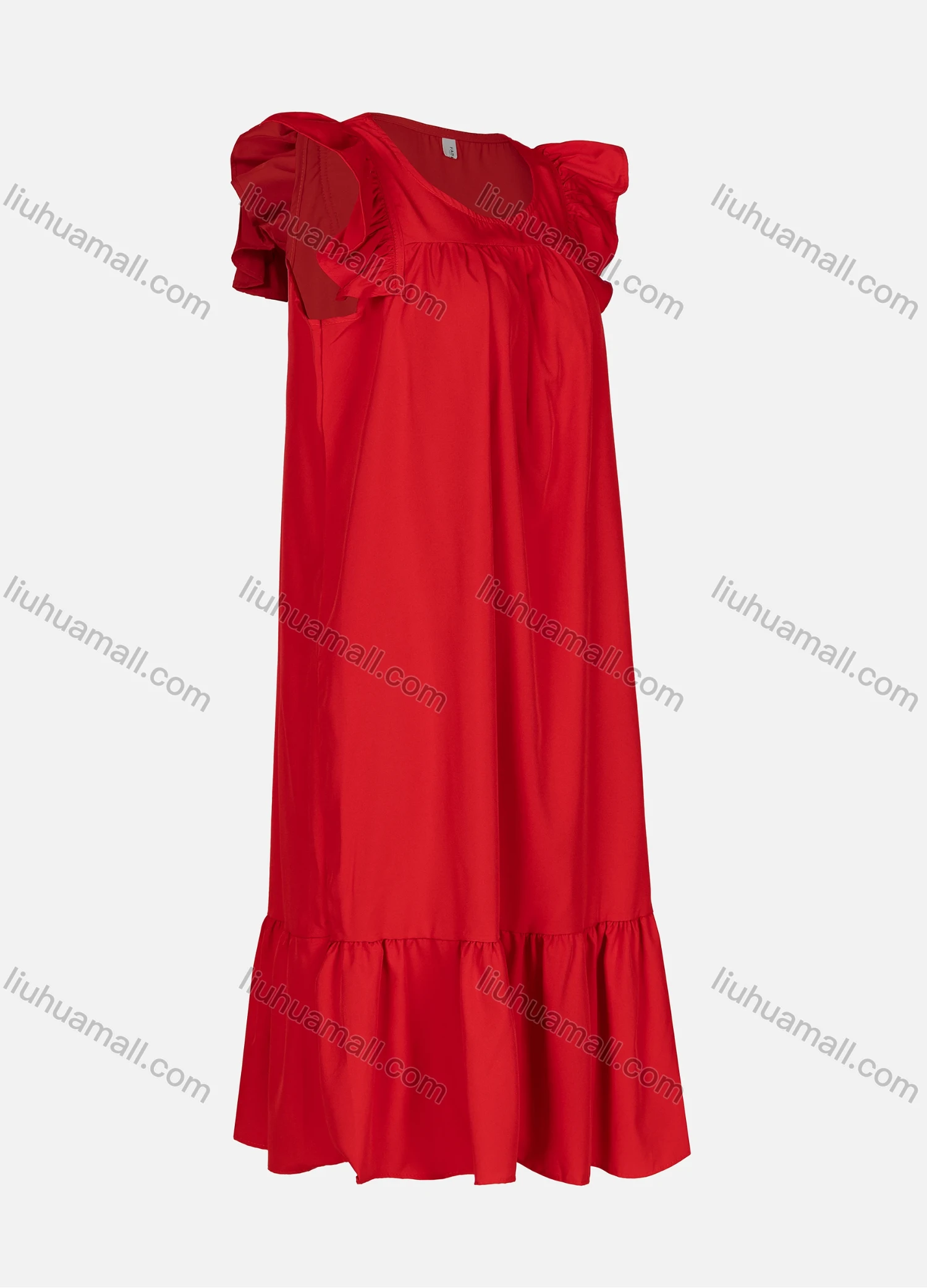 Wholesale Women's Casual Plain Ruched Ruffle Trim Hem Crew Neck Sleeveless Midi Dress 0211# - Liuhuamall