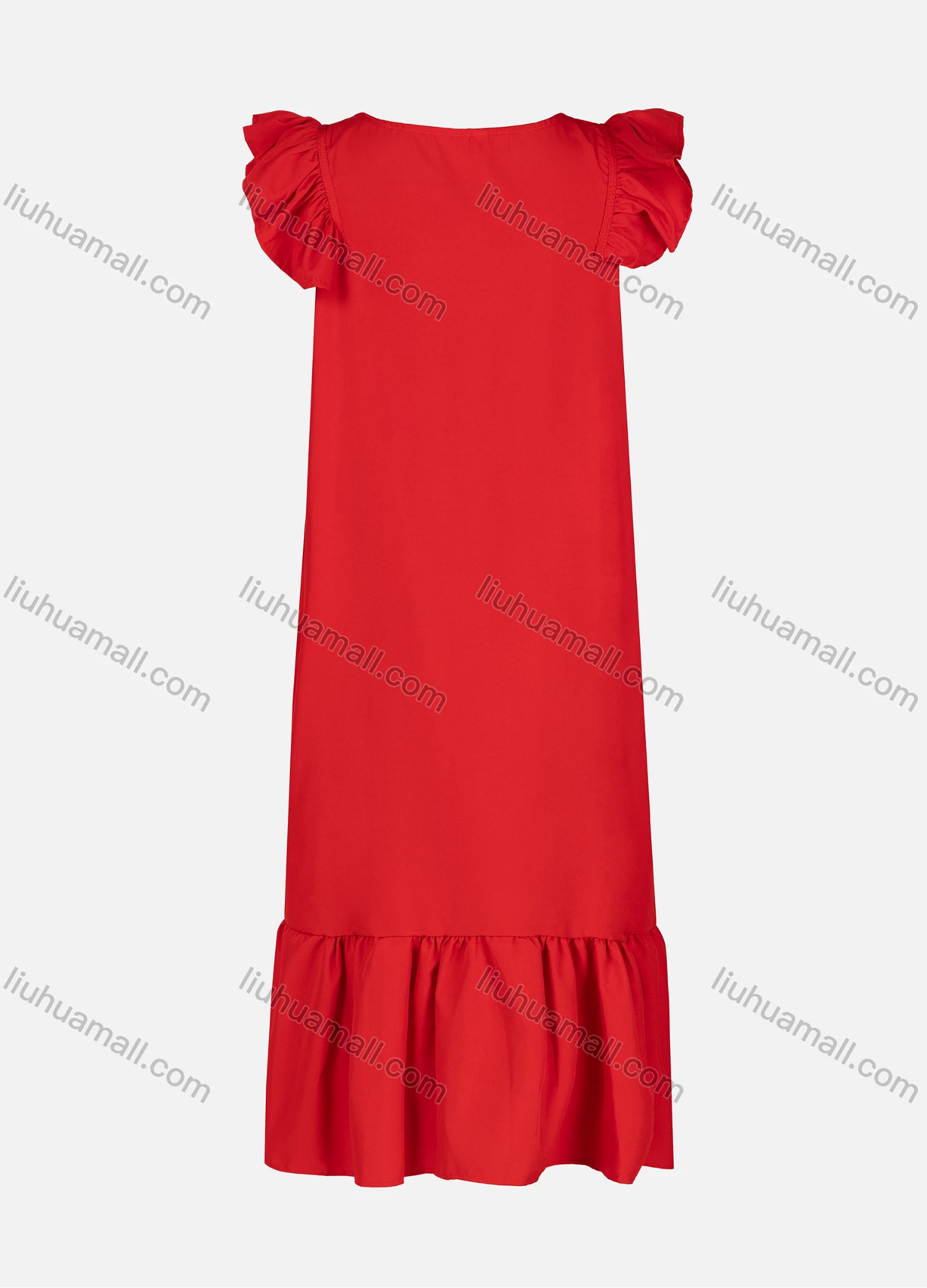 Wholesale Women's Casual Plain Ruched Ruffle Trim Hem Crew Neck Sleeveless Midi Dress 0211# - Liuhuamall