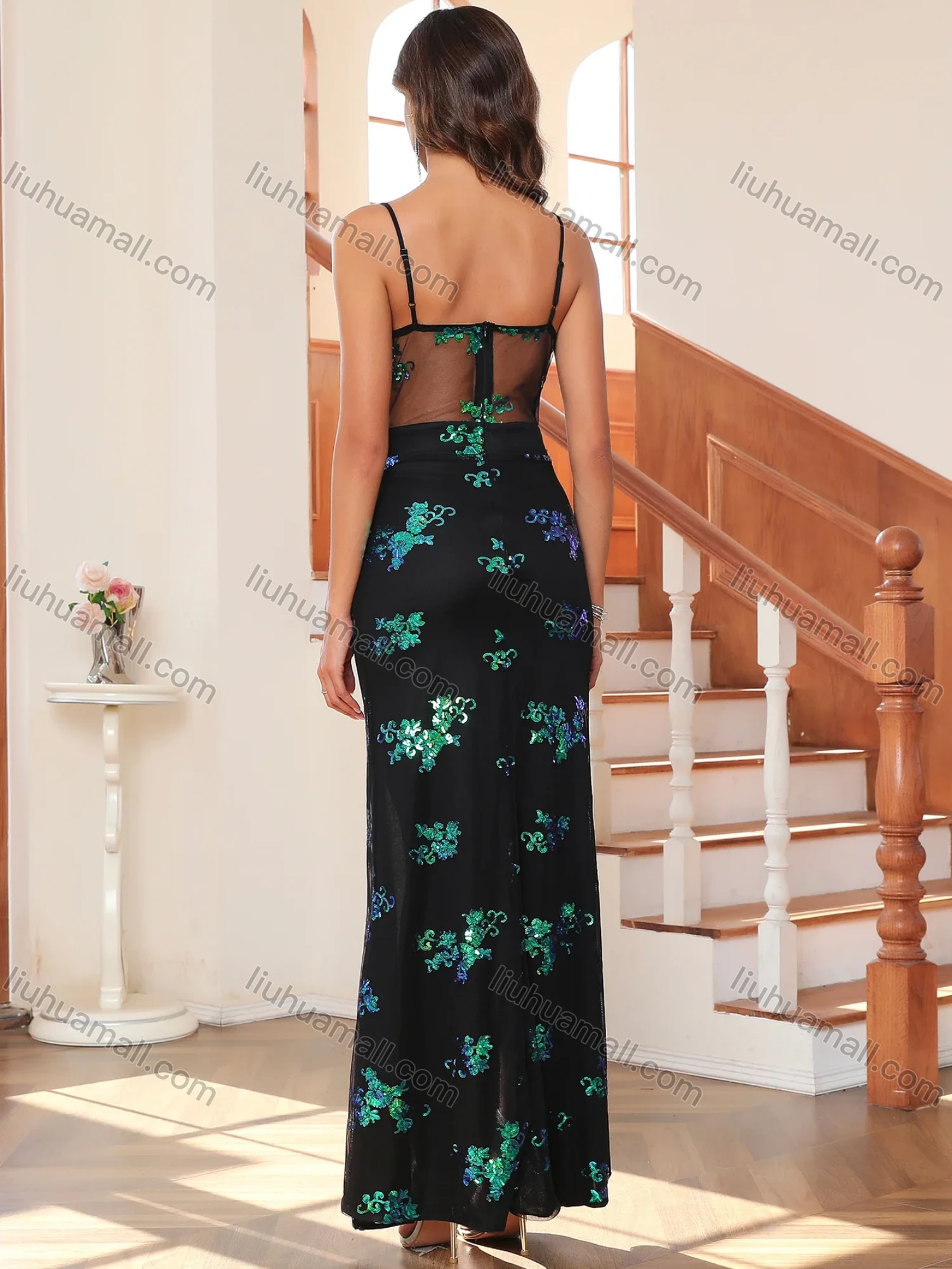Wholesale Women's Glamorous Sequin Applique Sheer Mesh Splicing Thigh Split Spaghetti Strap Cocktail Dress - Liuhuamall