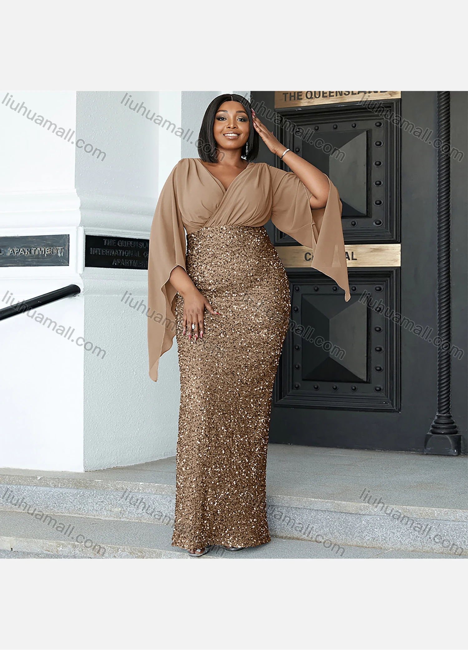 Wholesale Women's Glamorous Plain Splicing Sequin Wrap V Neck Ruched Split Hem Butterfly Sleeve Cocktail Dress - Liuhuamall