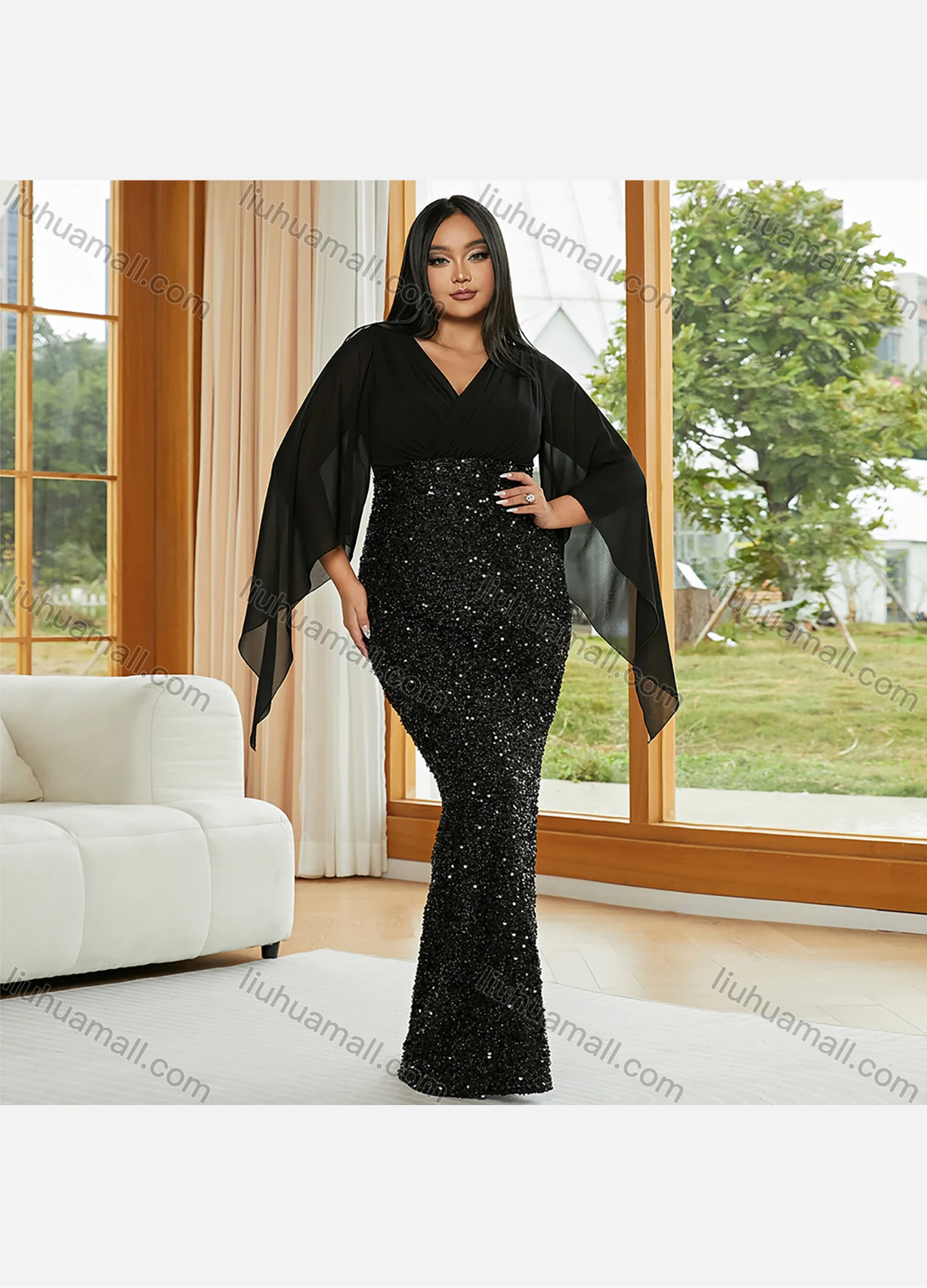 Wholesale Women's Glamorous Plain Splicing Sequin Wrap V Neck Ruched Split Hem Butterfly Sleeve Cocktail Dress - Liuhuamall