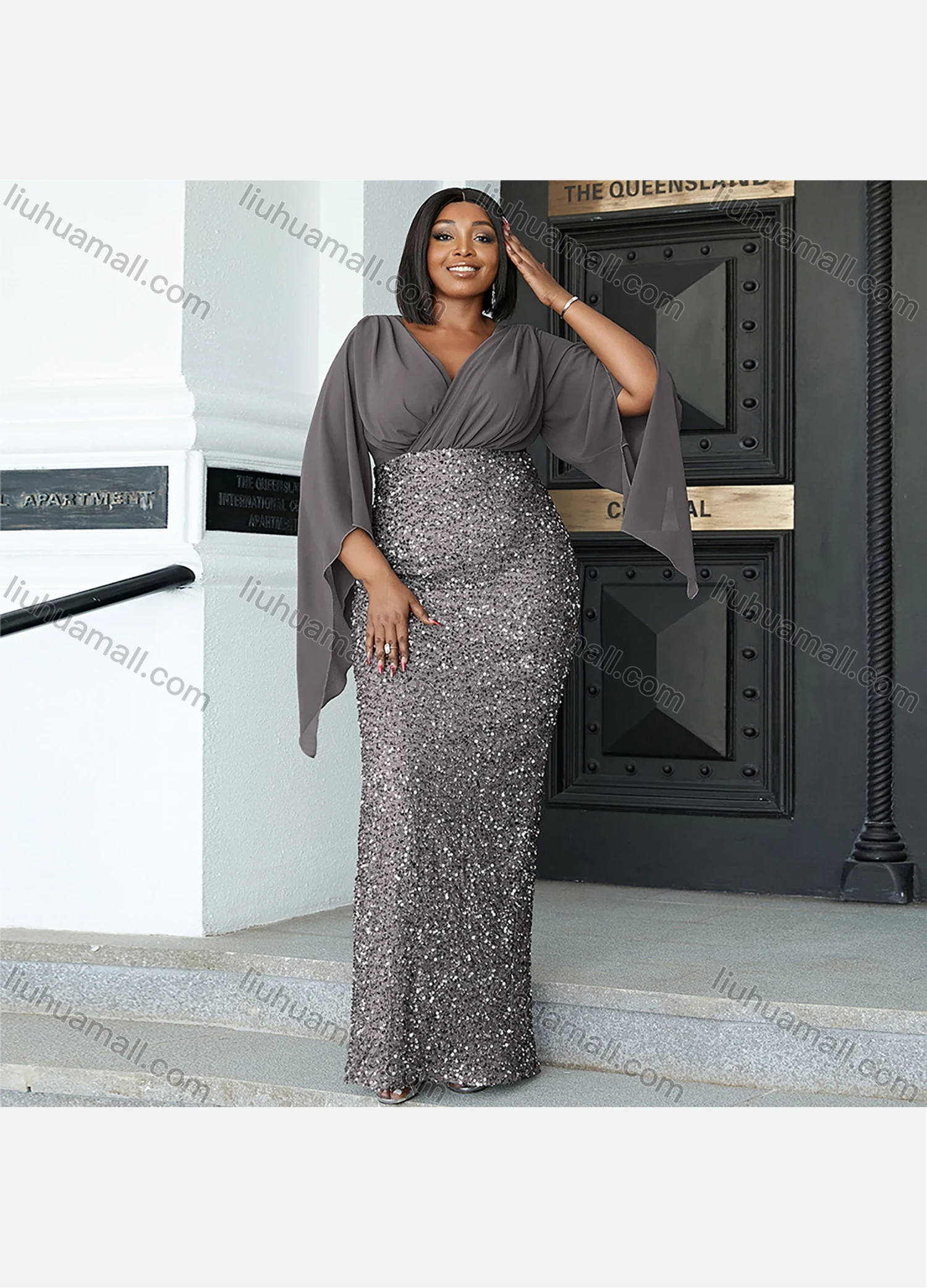 Wholesale Women's Glamorous Plain Splicing Sequin Wrap V Neck Ruched Split Hem Butterfly Sleeve Cocktail Dress - Liuhuamall