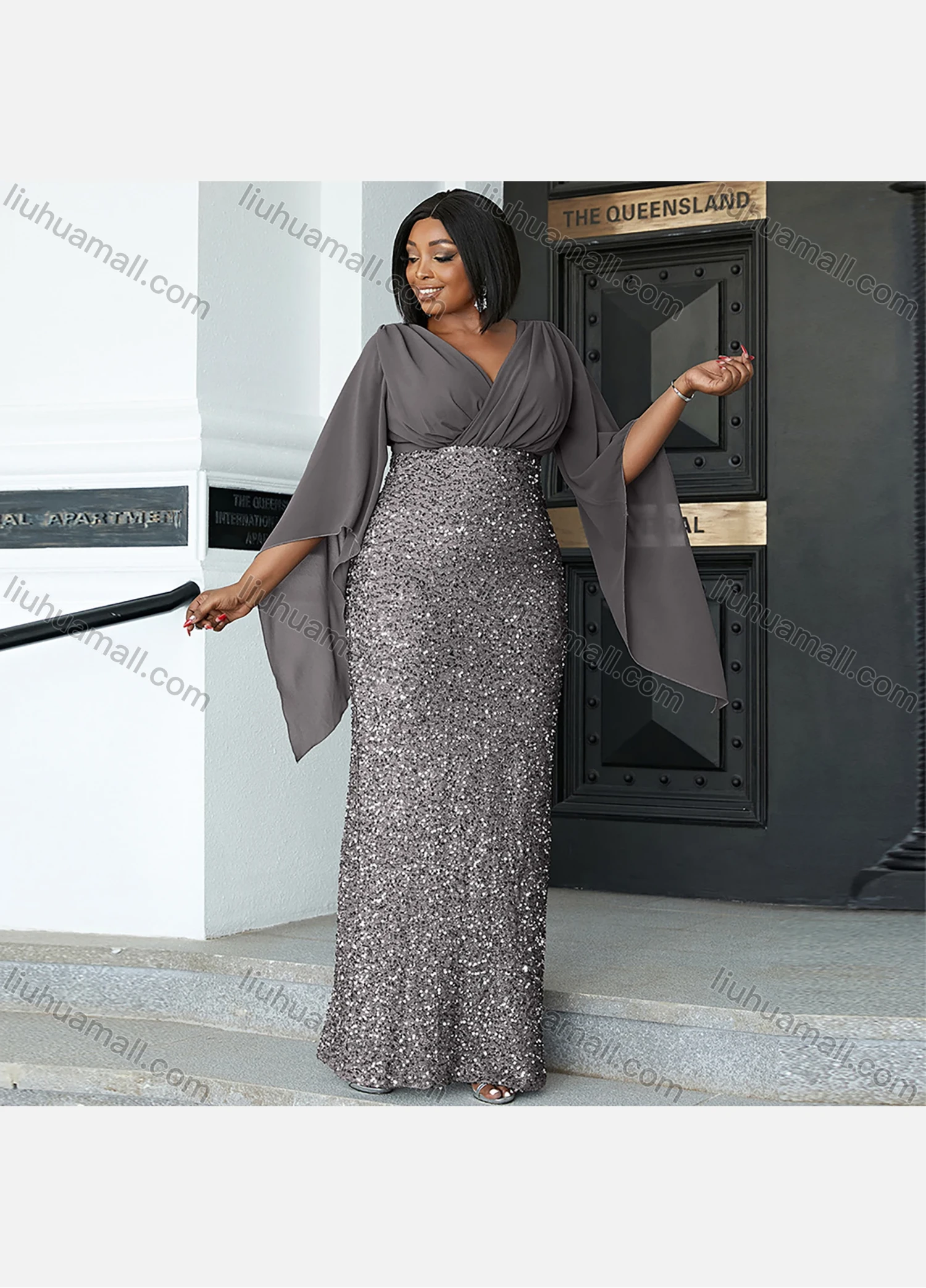 Wholesale Women's Glamorous Plain Splicing Sequin Wrap V Neck Ruched Split Hem Butterfly Sleeve Cocktail Dress - Liuhuamall