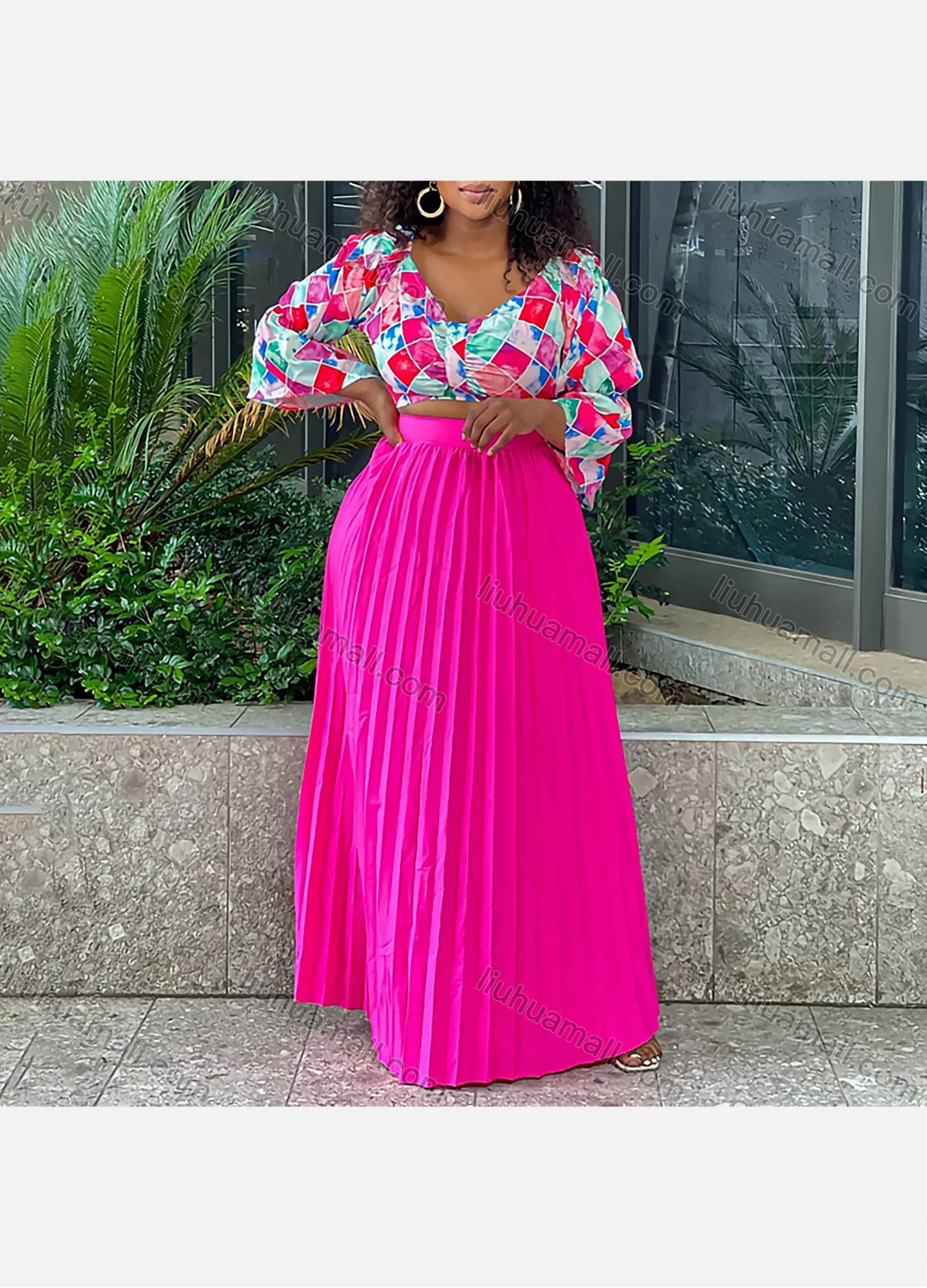Wholesale Women's Elegant Allover Print Graphic Ruched V Neck Crop Top & Pleated Skirt 2 Piece Sets - Liuhuamall