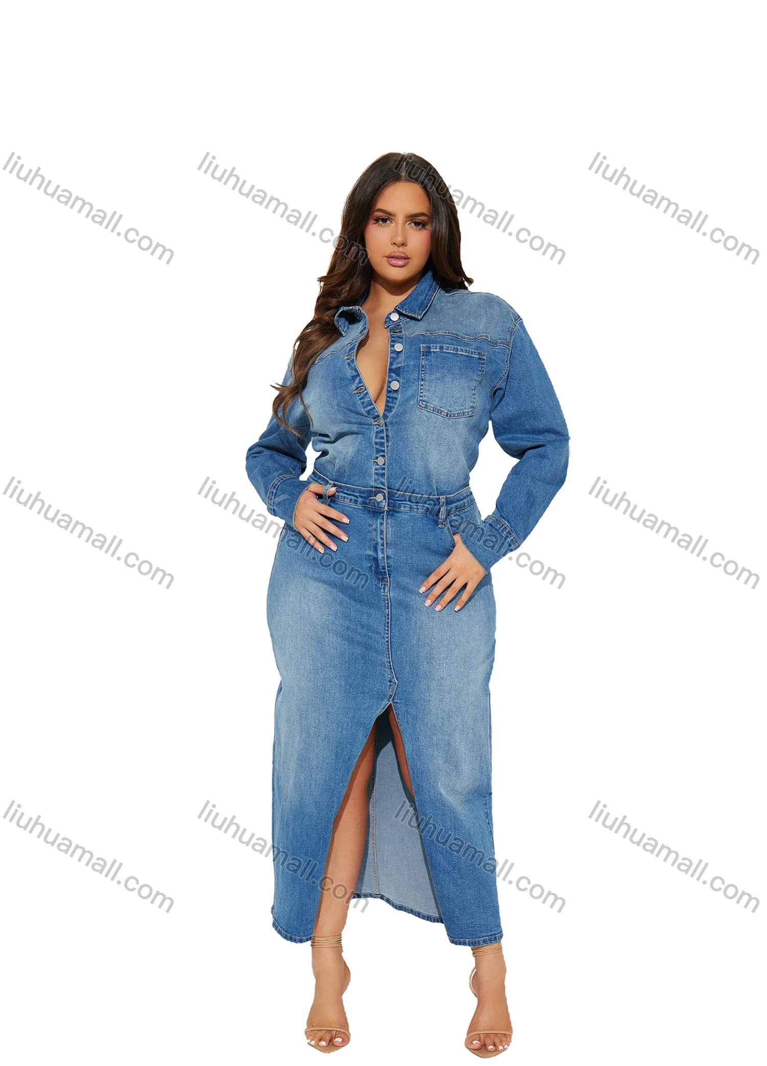 Wholesale Women's Fashion Plain Distressed Collared Split Hem Button Front Pocket Demin Maxi Dress - Liuhuamall