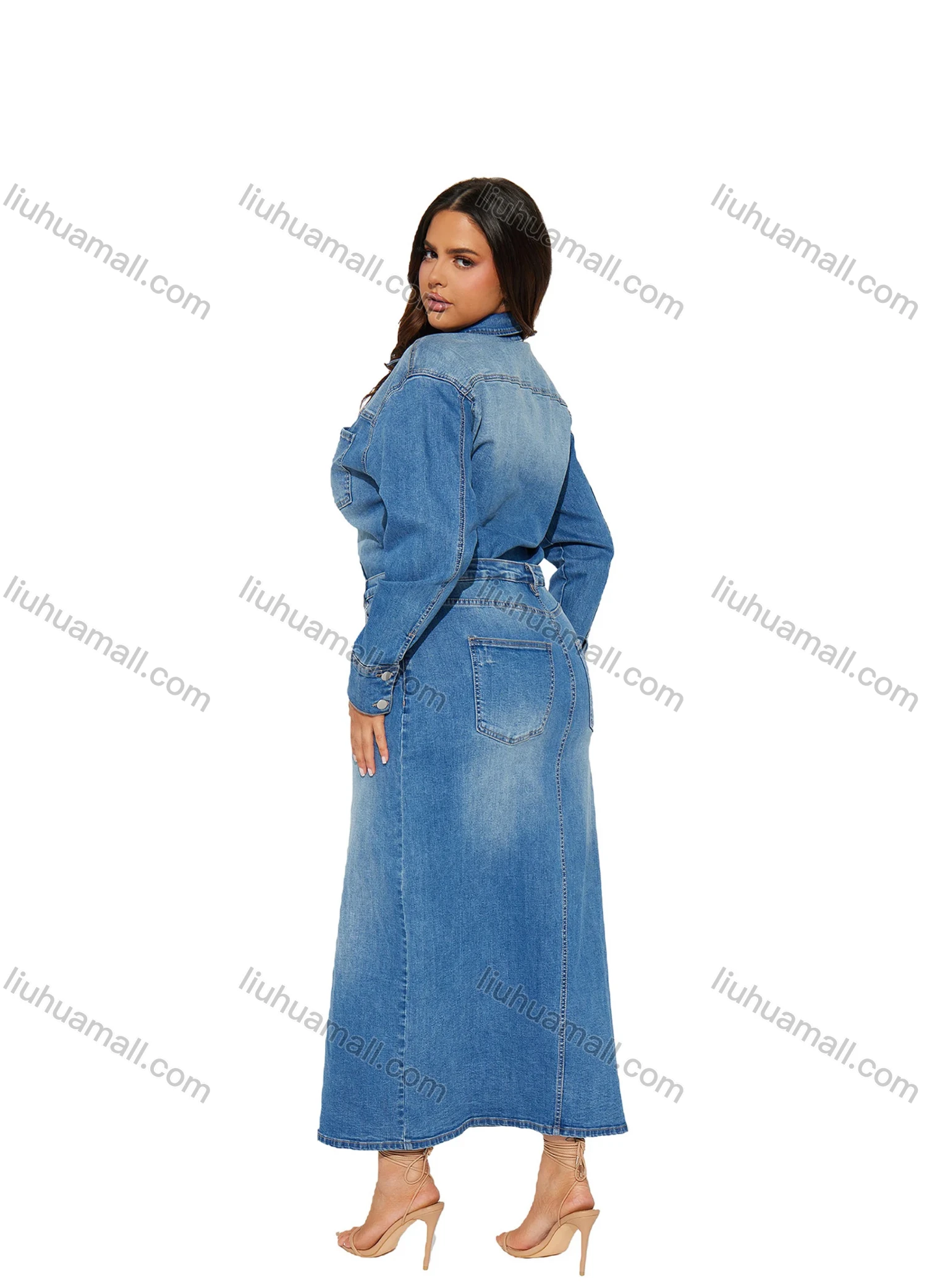 Wholesale Women's Fashion Plain Distressed Collared Split Hem Button Front Pocket Demin Maxi Dress - Liuhuamall