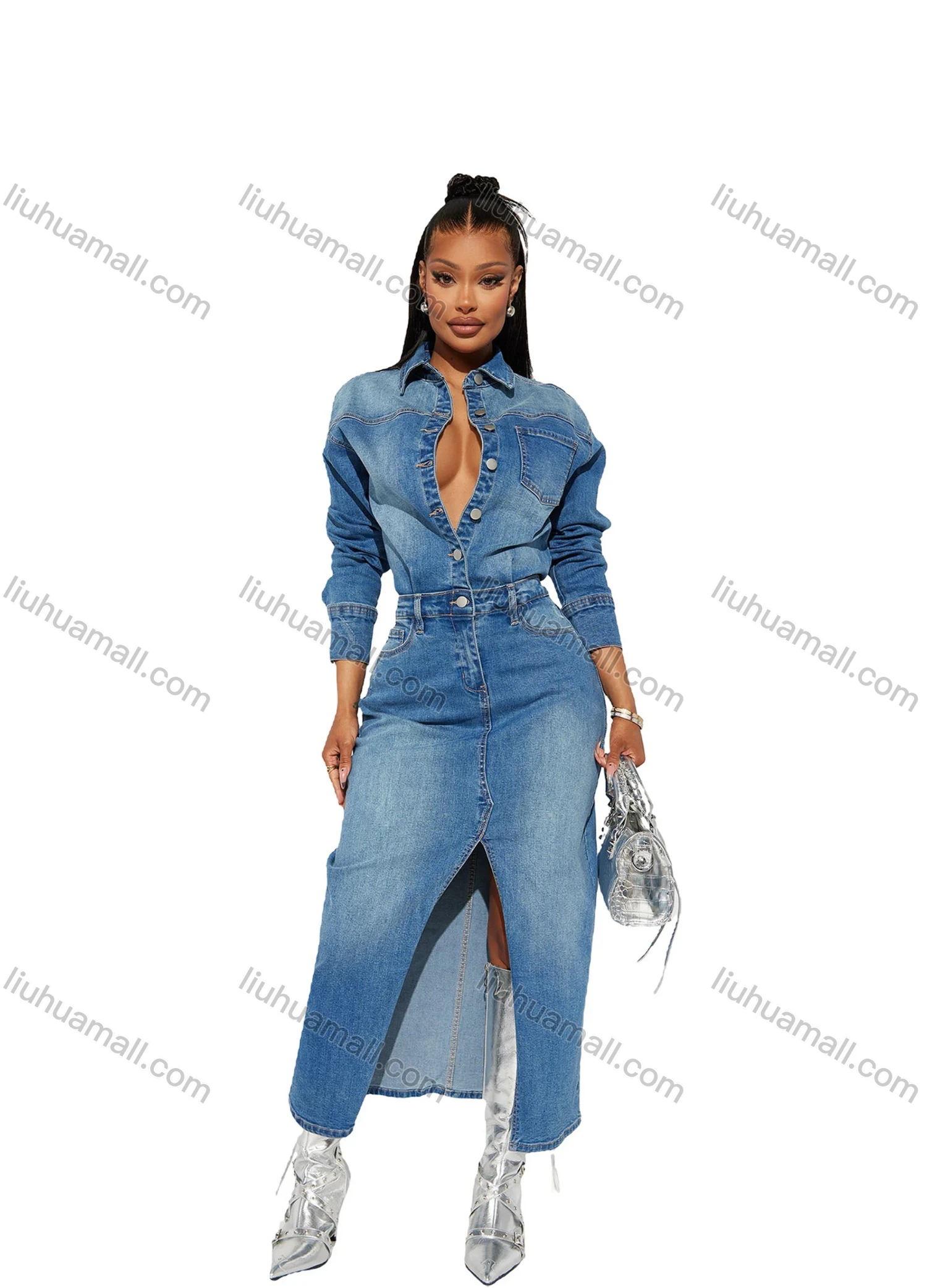 Wholesale Women's Fashion Plain Distressed Collared Split Hem Button Front Pocket Demin Maxi Dress - Liuhuamall