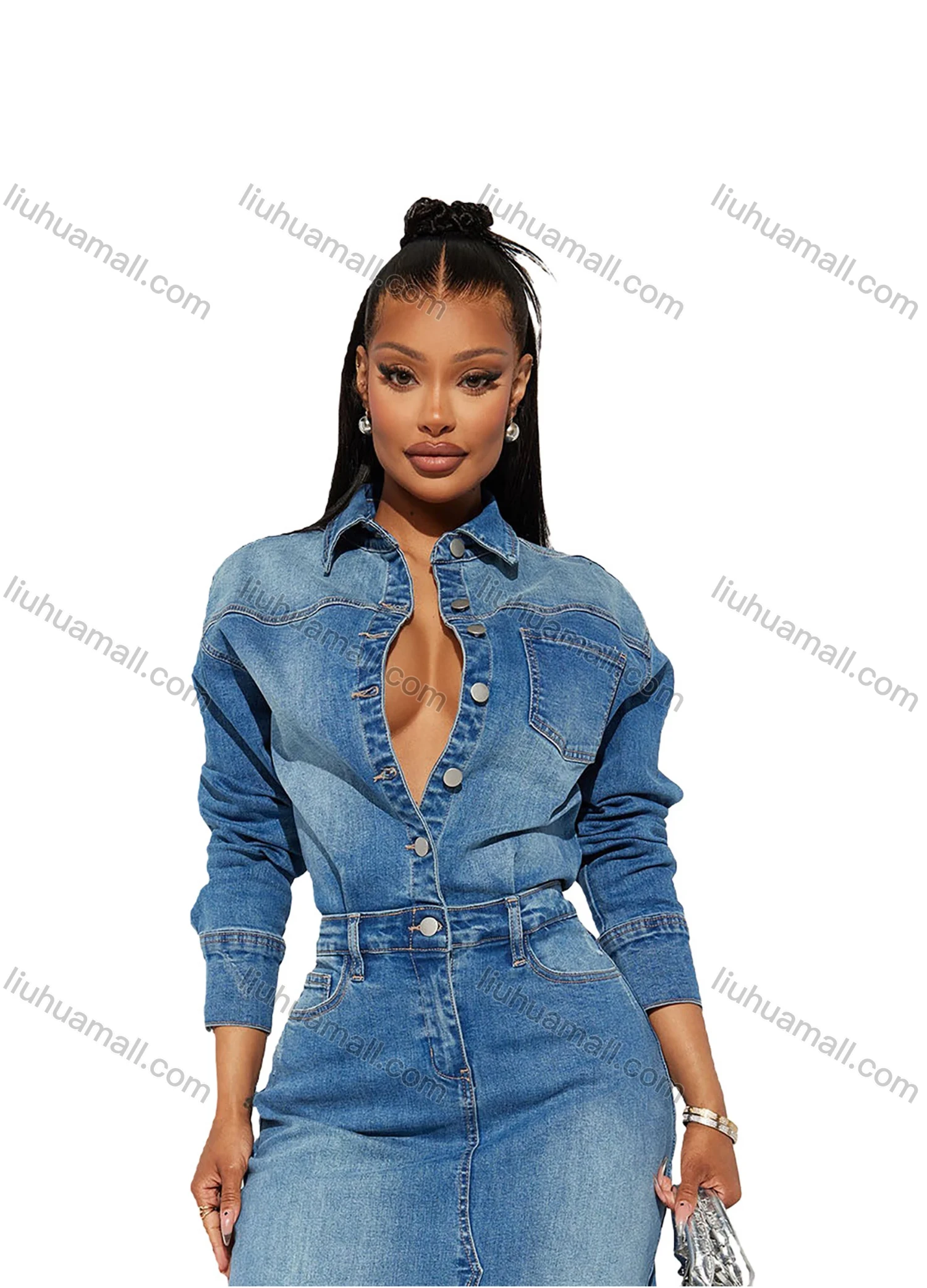 Wholesale Women's Fashion Plain Distressed Collared Split Hem Button Front Pocket Demin Maxi Dress - Liuhuamall