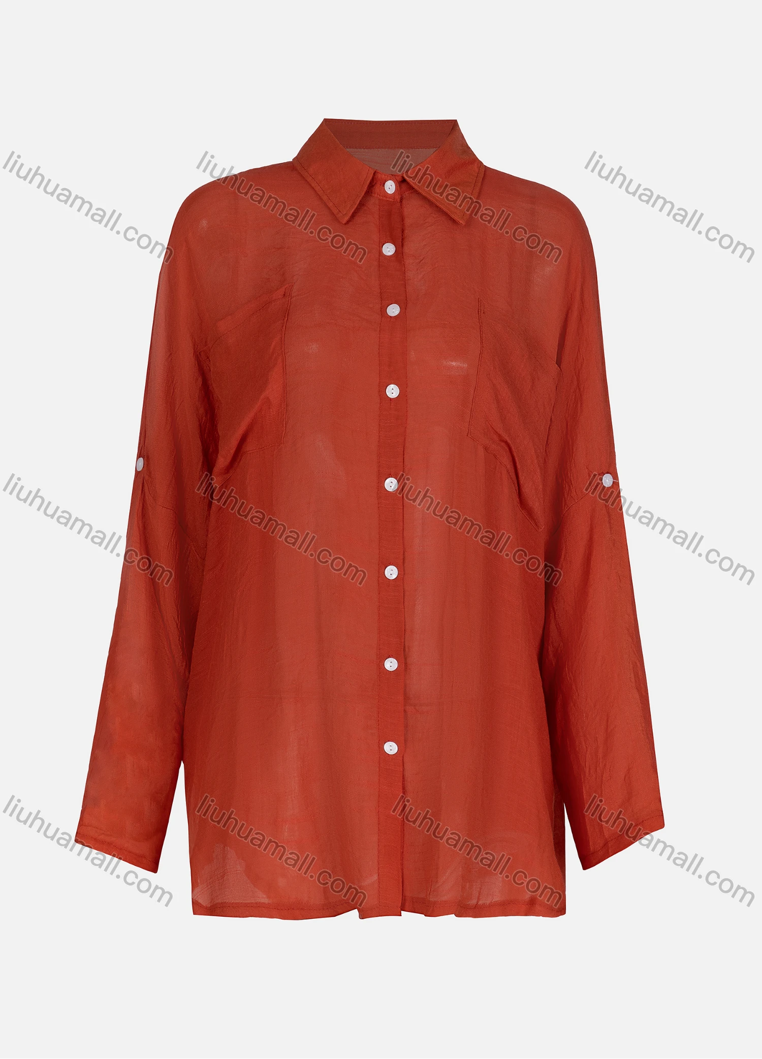 Wholesale Women's Casual Collared Plain Sleeve Roll Up Long Sleeve Dual Pockets Regular Shirt 005# - Liuhuamall