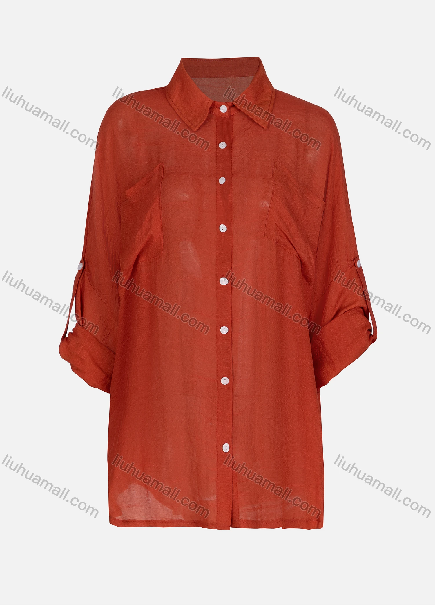 Wholesale Women's Casual Collared Plain Sleeve Roll Up Long Sleeve Dual Pockets Regular Shirt 005# - Liuhuamall