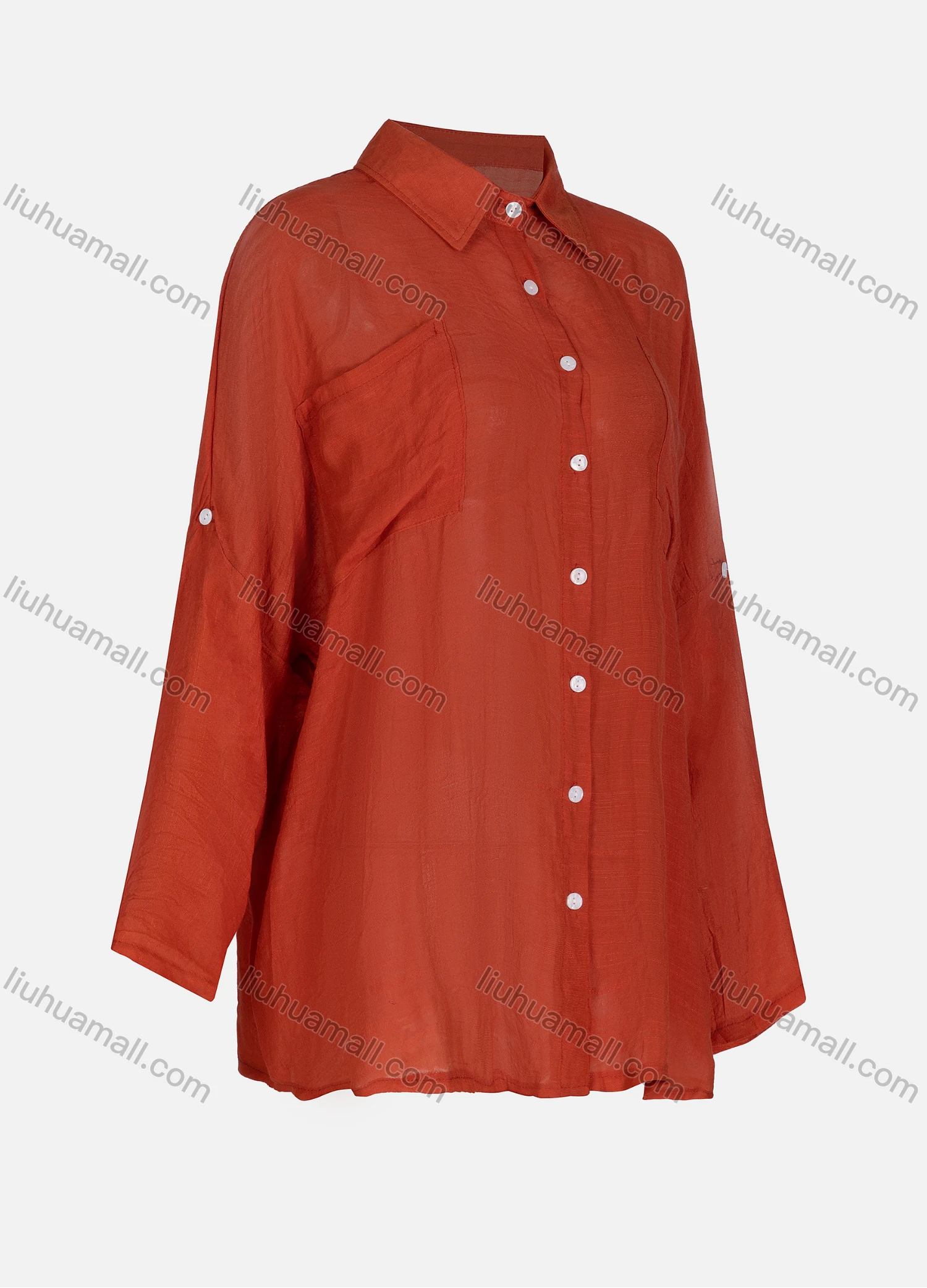 Wholesale Women's Casual Collared Plain Sleeve Roll Up Long Sleeve Dual Pockets Regular Shirt 005# - Liuhuamall