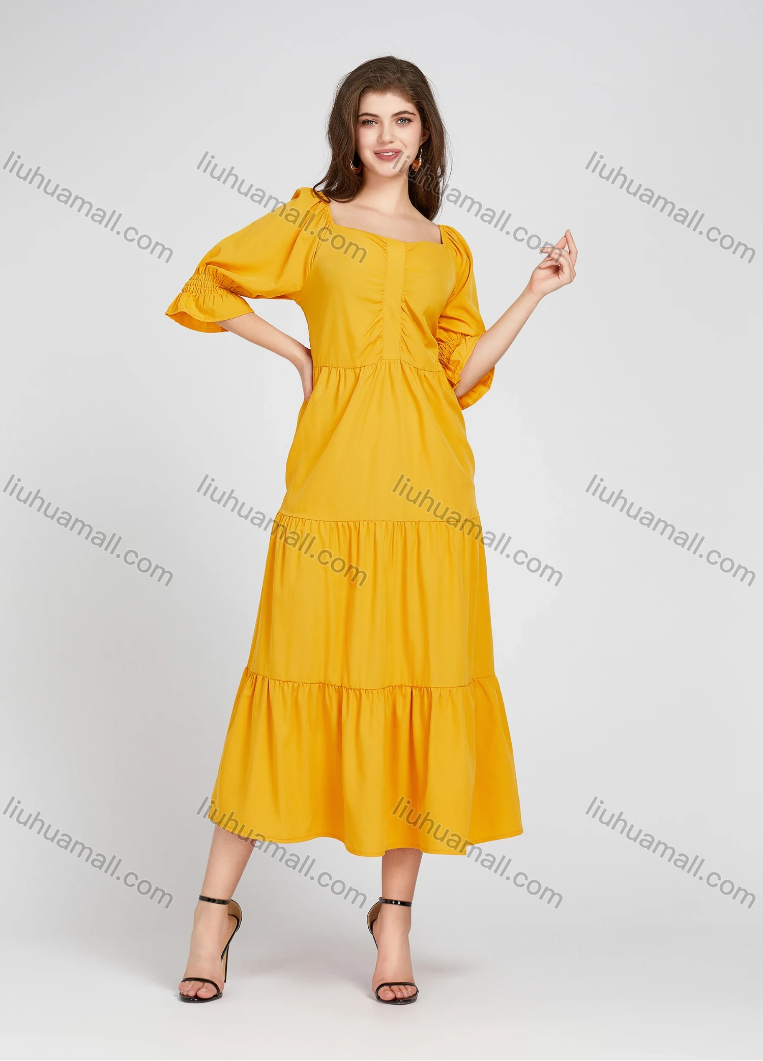 Wholesale Women's Casual Square Neck Plain Half Sleeve Midi Layered Dress X907# - Liuhuamall