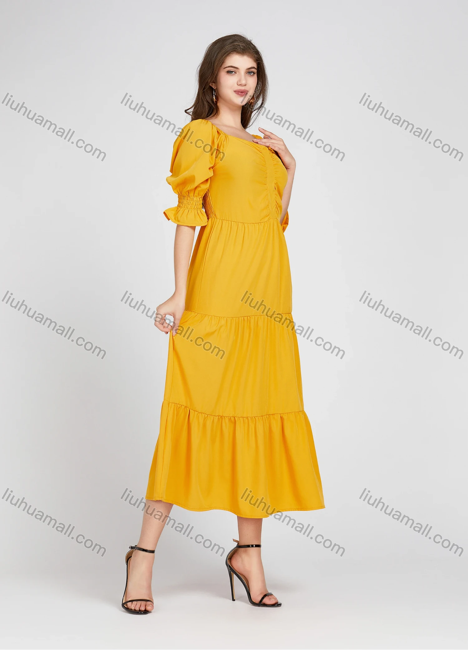 Wholesale Women's Casual Square Neck Plain Half Sleeve Midi Layered Dress X907# - Liuhuamall