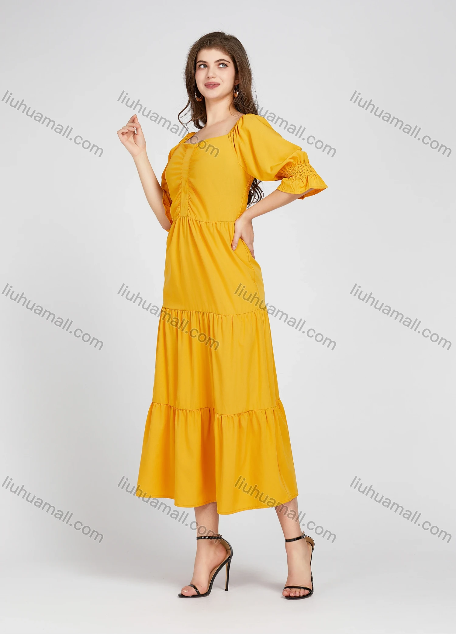 Wholesale Women's Casual Square Neck Plain Half Sleeve Midi Layered Dress X907# - Liuhuamall