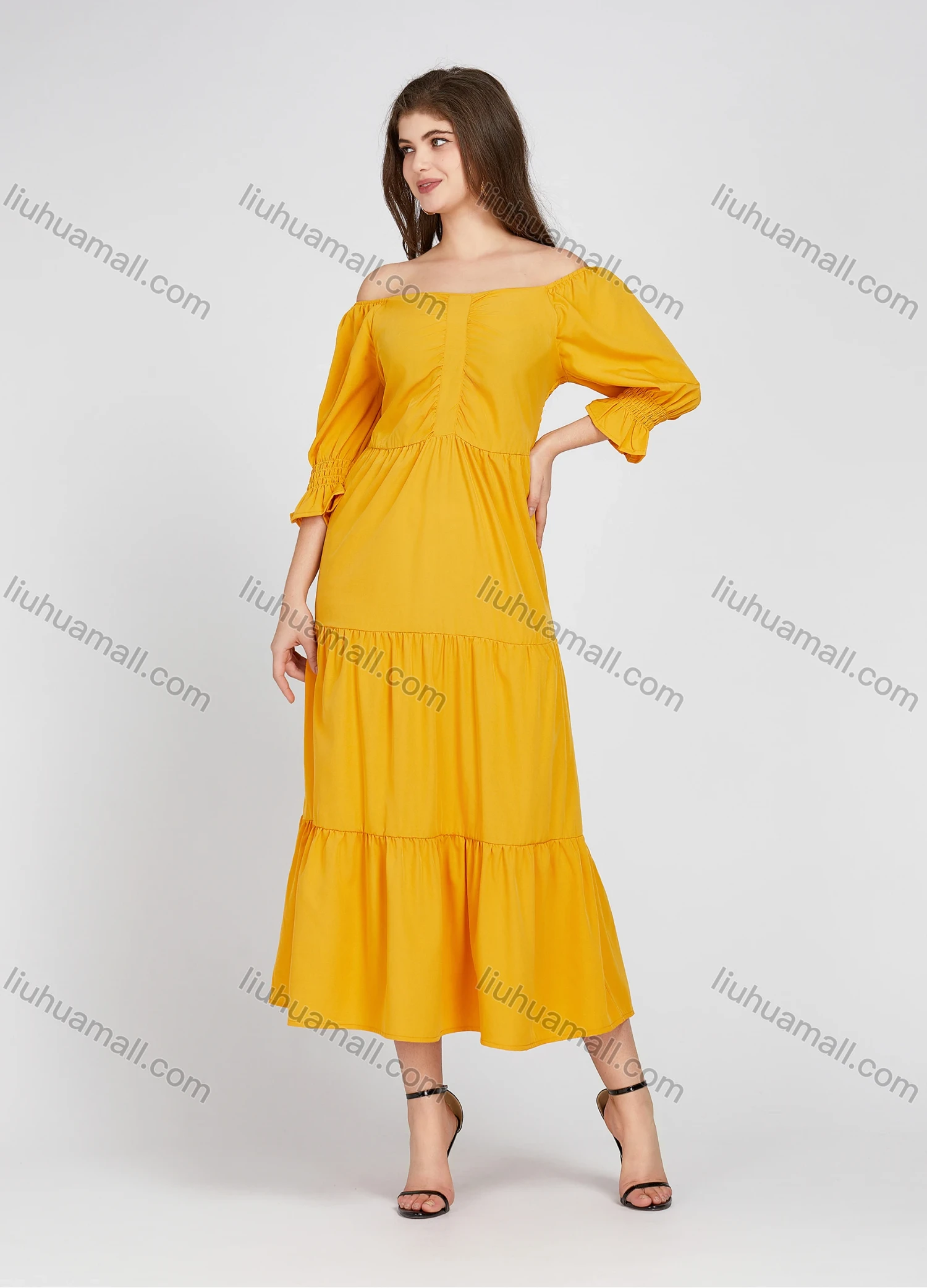 Wholesale Women's Casual Square Neck Plain Half Sleeve Midi Layered Dress X907# - Liuhuamall