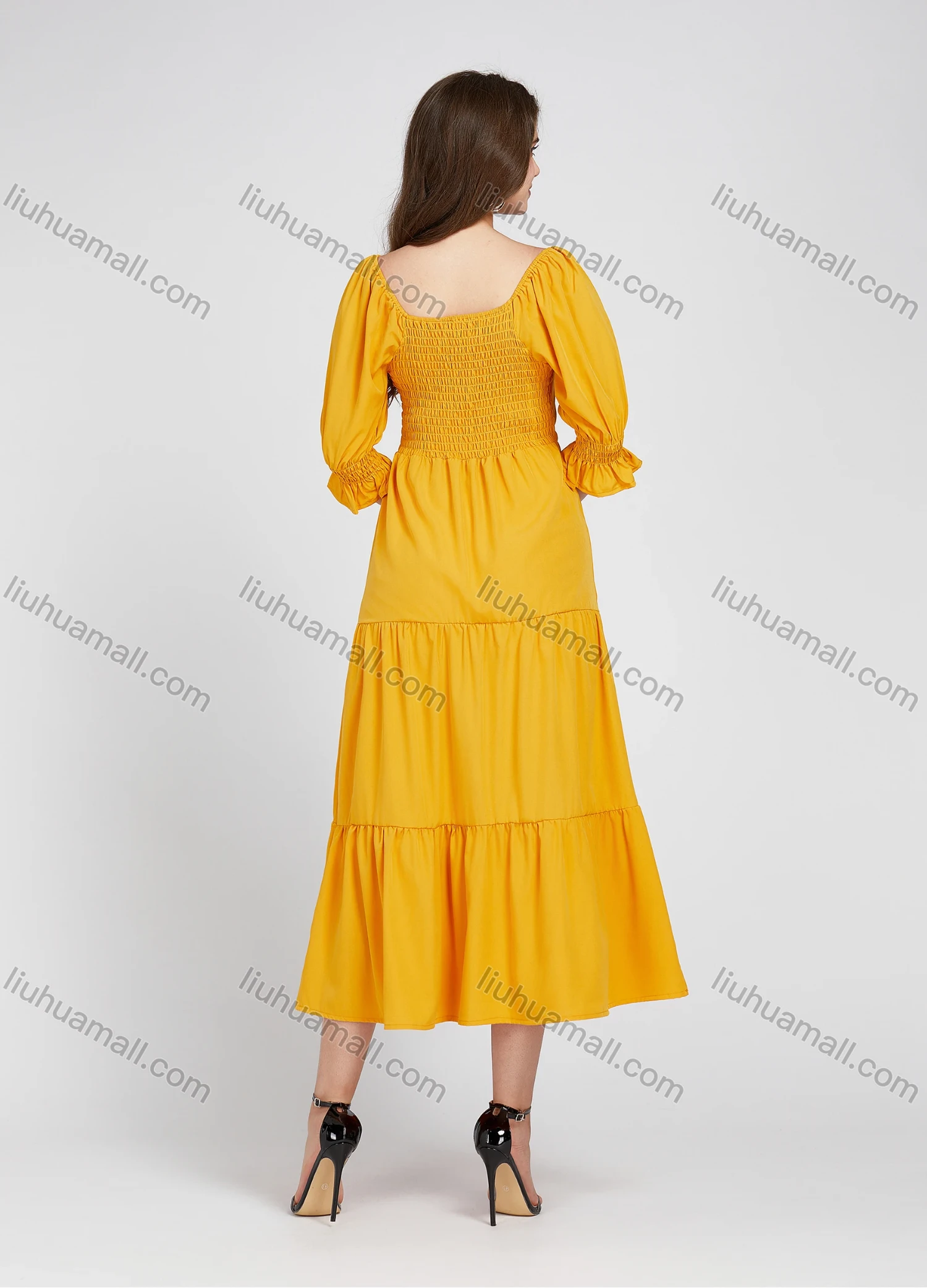 Wholesale Women's Casual Square Neck Plain Half Sleeve Midi Layered Dress X907# - Liuhuamall