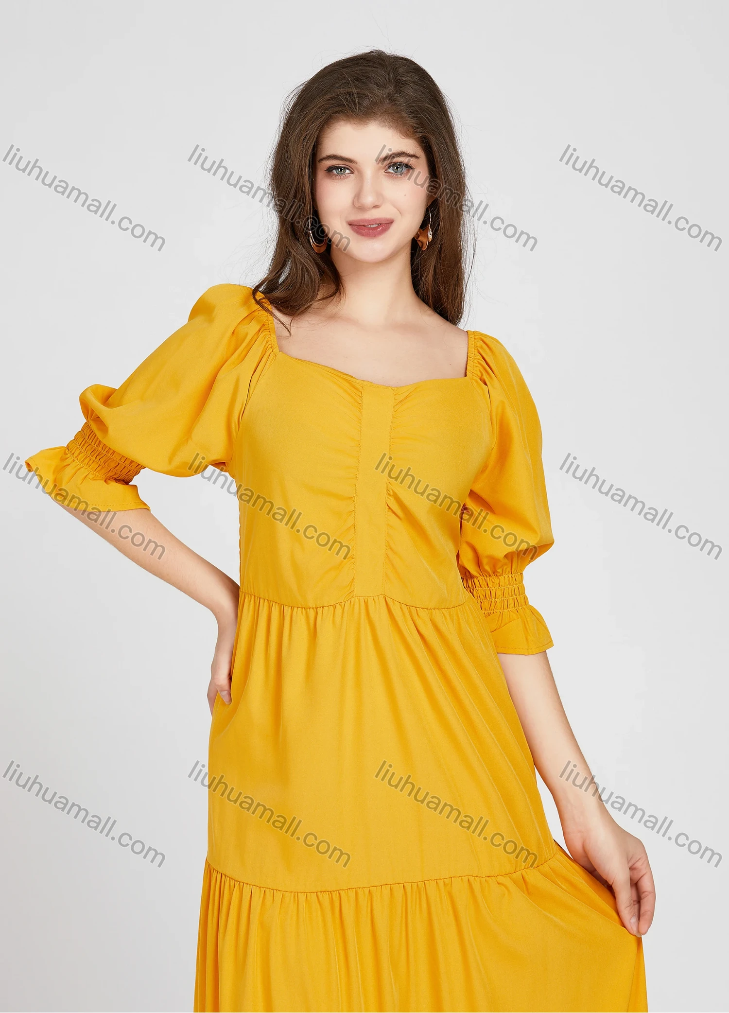 Wholesale Women's Casual Square Neck Plain Half Sleeve Midi Layered Dress X907# - Liuhuamall