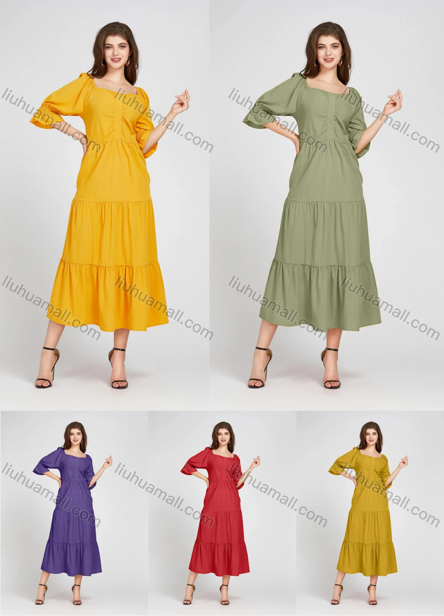 Wholesale Women's Casual Square Neck Plain Half Sleeve Midi Layered Dress X907# - Liuhuamall