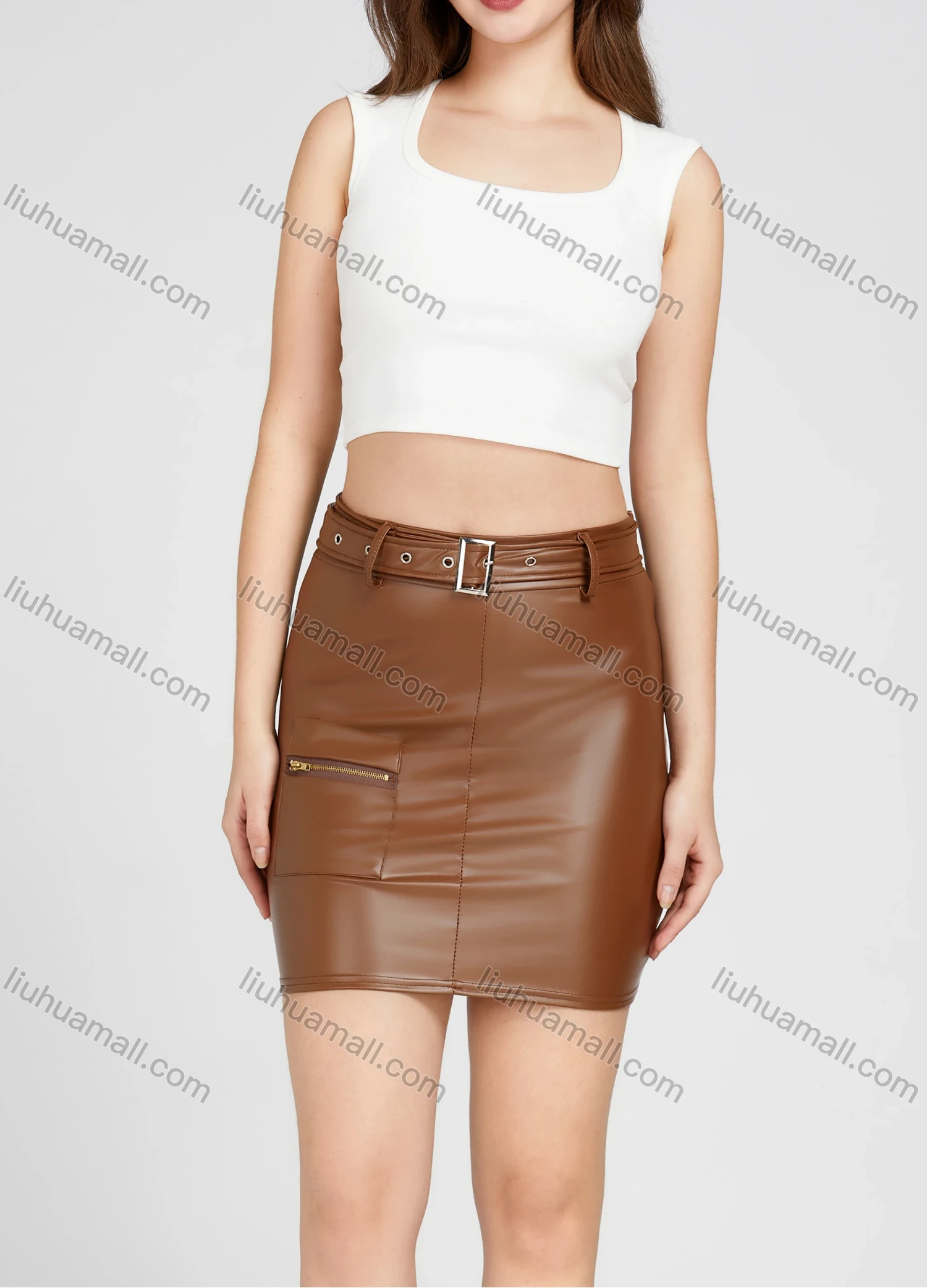 Wholesale Women's PU Leather Bodycon Plain Short Dress With Belt 2605# - Liuhuamall