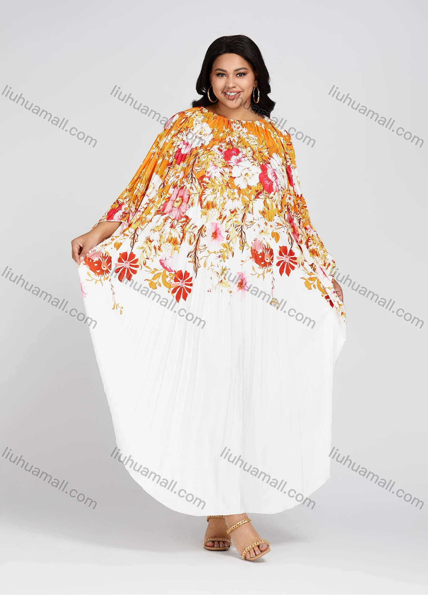 Wholesale Women's Crew Neck Loose Fit Floral Print Pleated Bell Sleeve High Low Hem Kaftan Dress - Liuhuamall