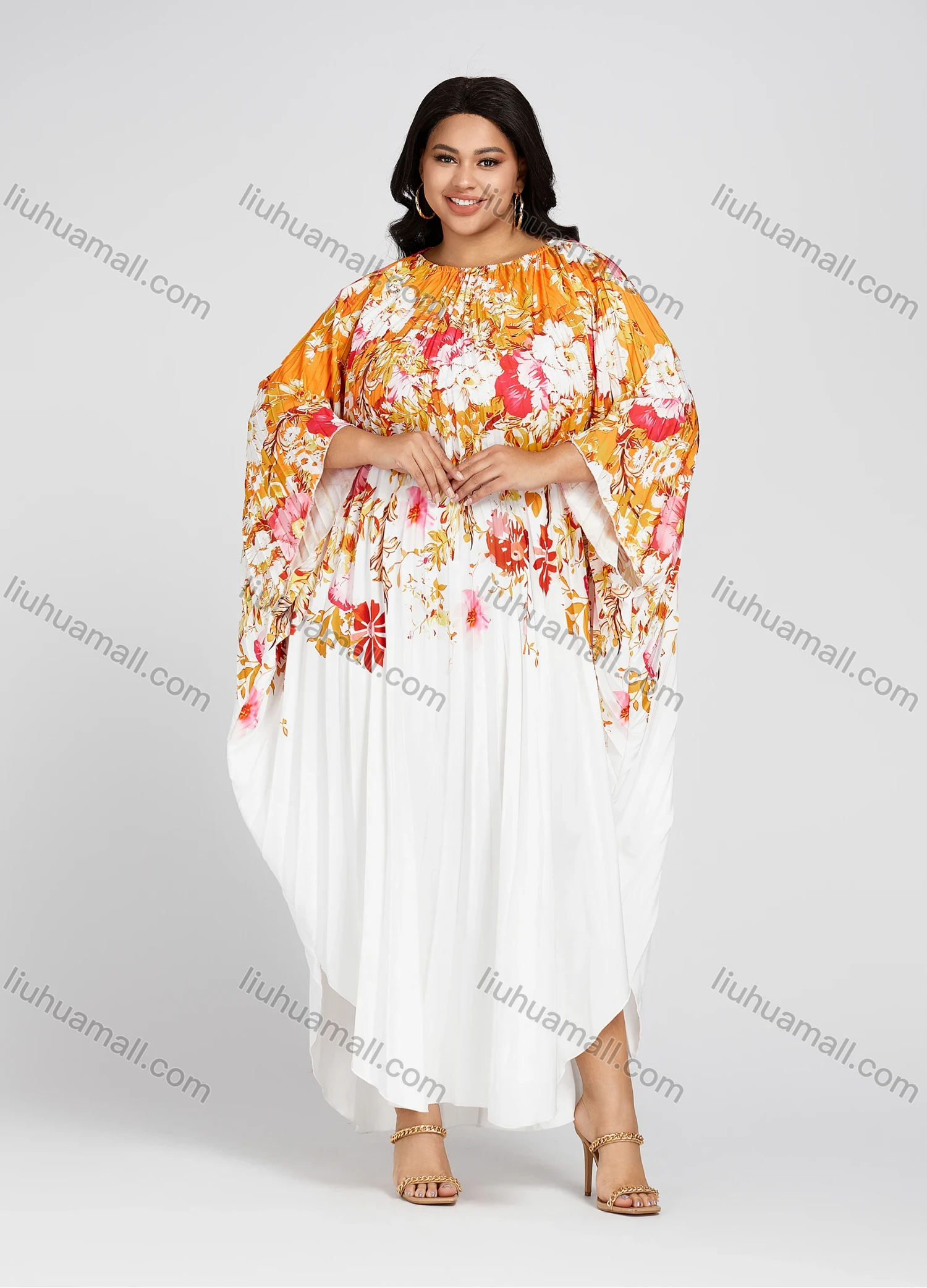 Wholesale Women's Crew Neck Loose Fit Floral Print Pleated Bell Sleeve High Low Hem Kaftan Dress - Liuhuamall