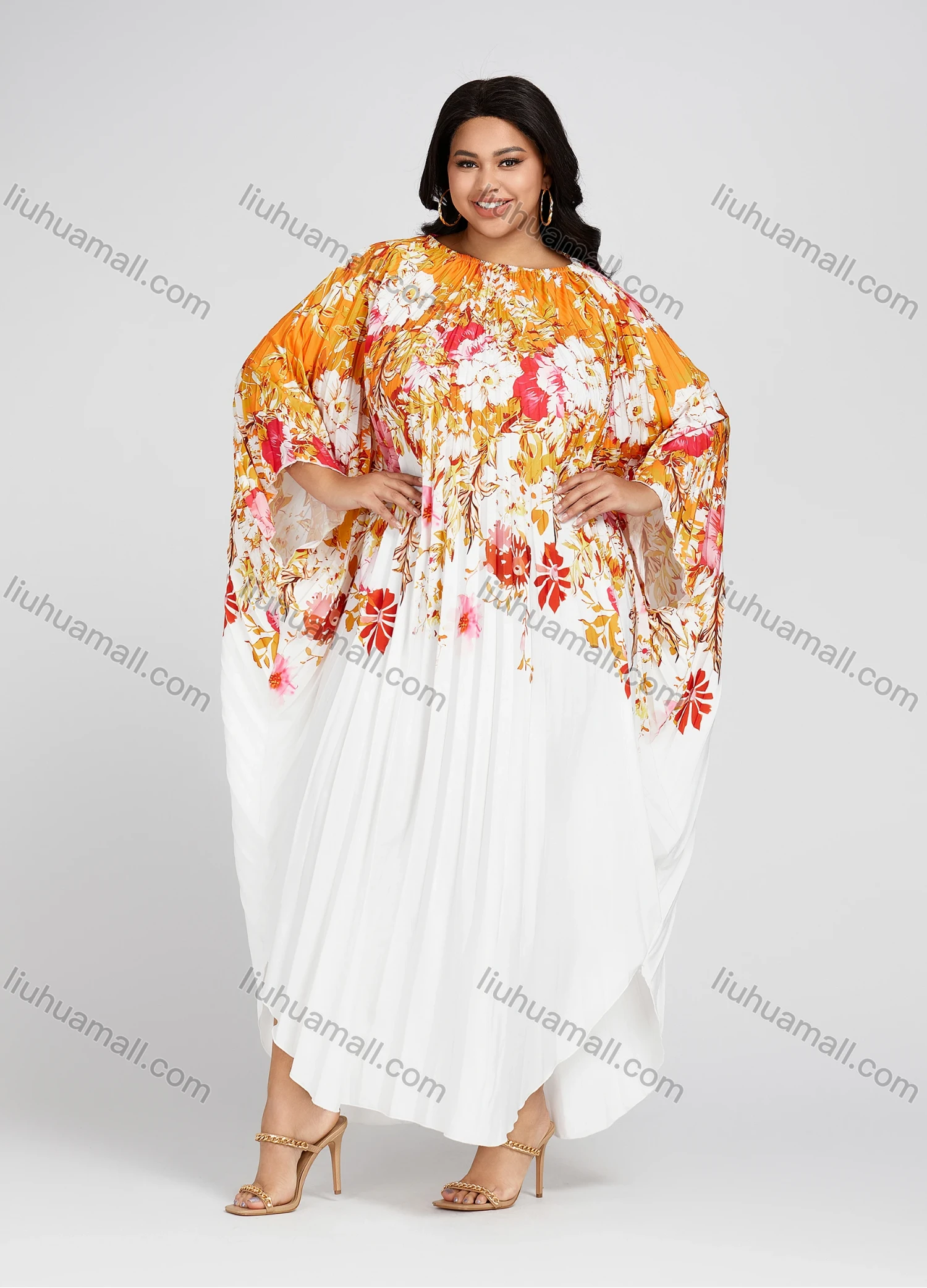 Wholesale Women's Crew Neck Loose Fit Floral Print Pleated Bell Sleeve High Low Hem Kaftan Dress - Liuhuamall