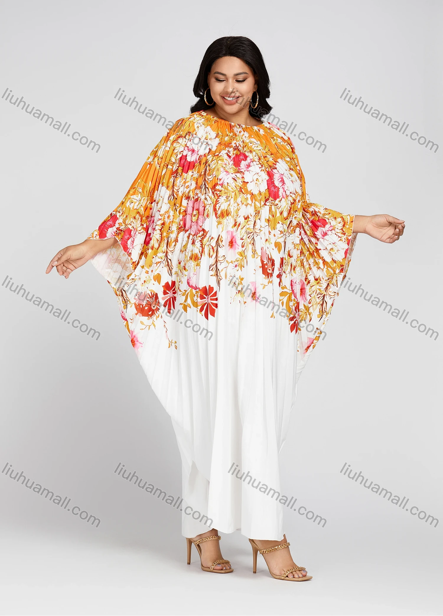 Wholesale Women's Crew Neck Loose Fit Floral Print Pleated Bell Sleeve High Low Hem Kaftan Dress - Liuhuamall