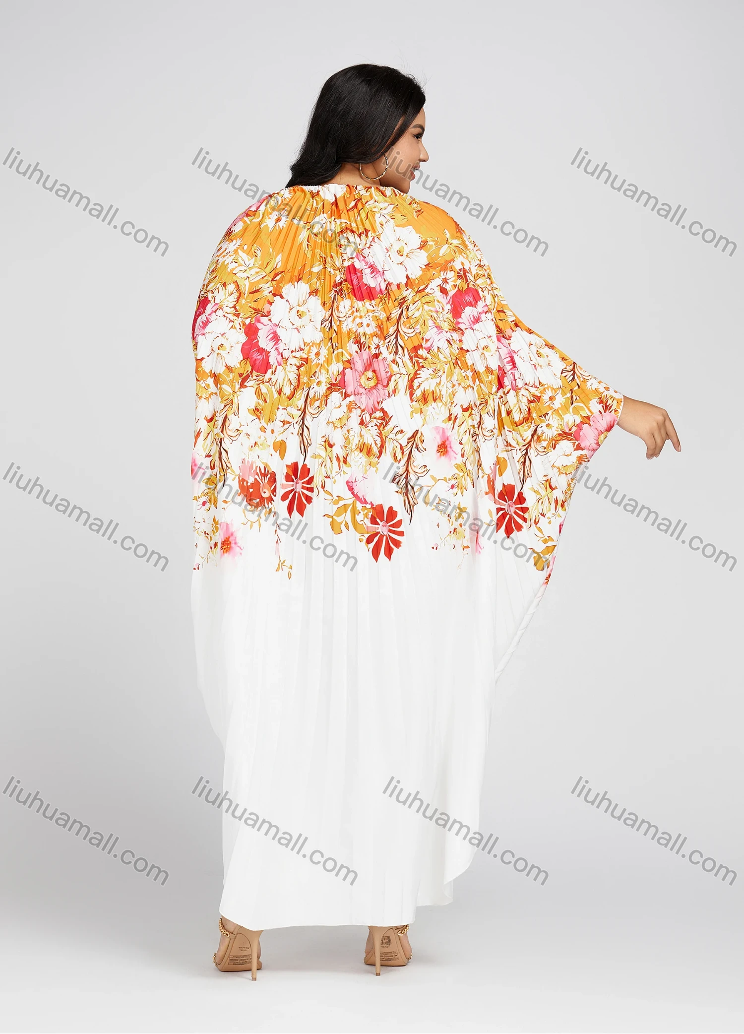 Wholesale Women's Crew Neck Loose Fit Floral Print Pleated Bell Sleeve High Low Hem Kaftan Dress - Liuhuamall