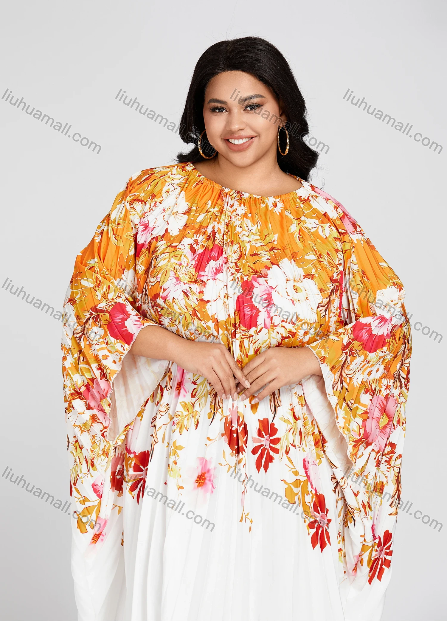 Wholesale Women's Crew Neck Loose Fit Floral Print Pleated Bell Sleeve High Low Hem Kaftan Dress - Liuhuamall