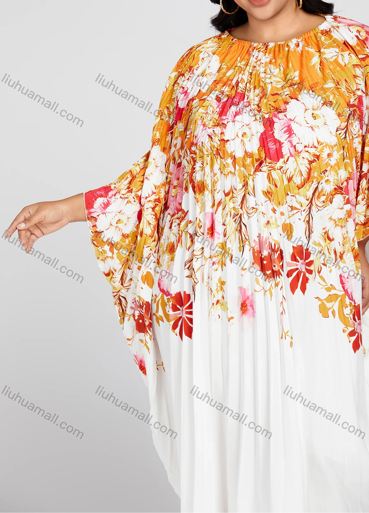 Wholesale Women's Crew Neck Loose Fit Floral Print Pleated Bell Sleeve High Low Hem Kaftan Dress - Liuhuamall