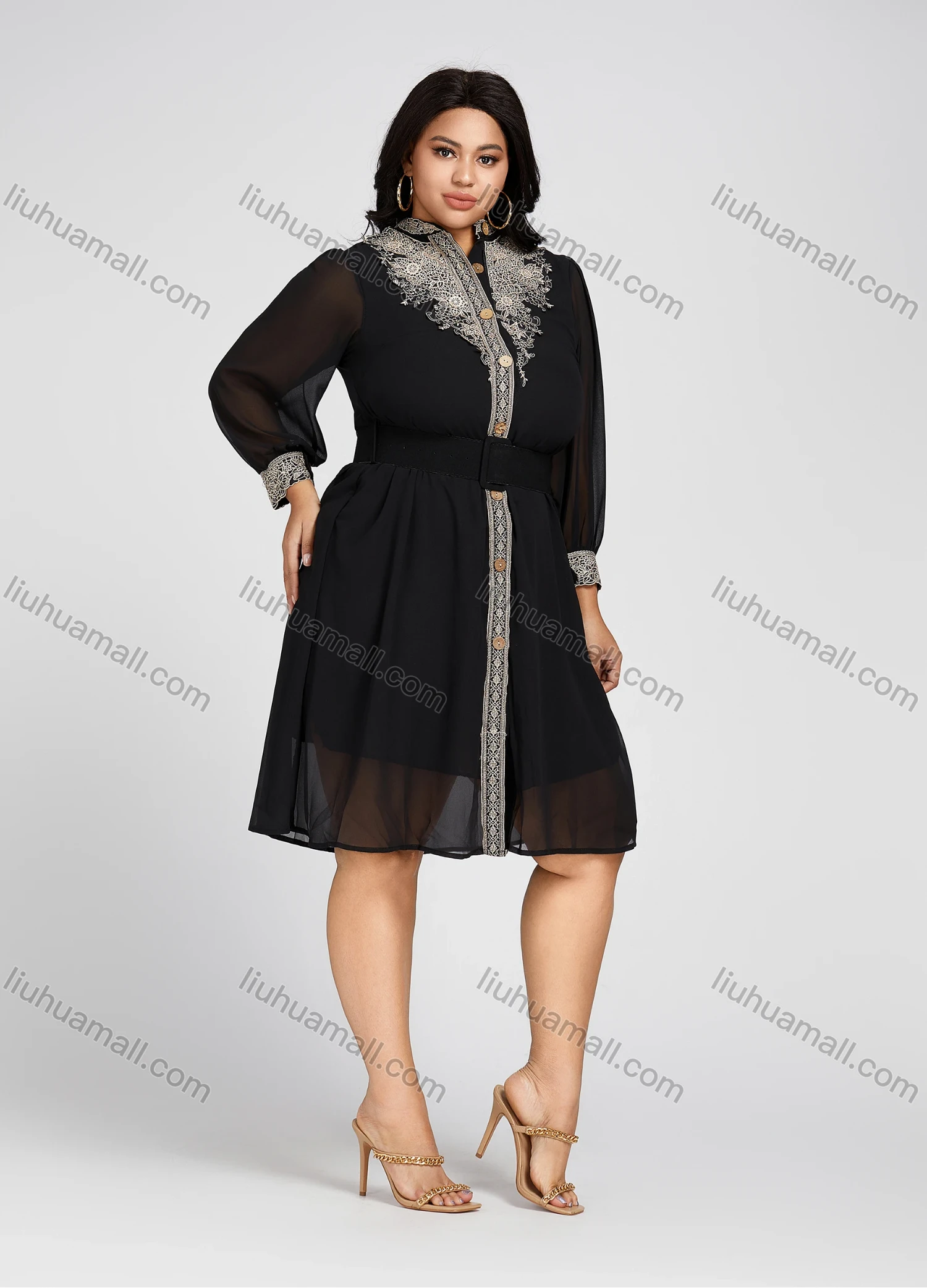 Wholesale Women's Chiffon Stand Collar Embroidery Floral High Waist Long Sleeve Button Down Knee Length Dress With Belt - Liuhuamall