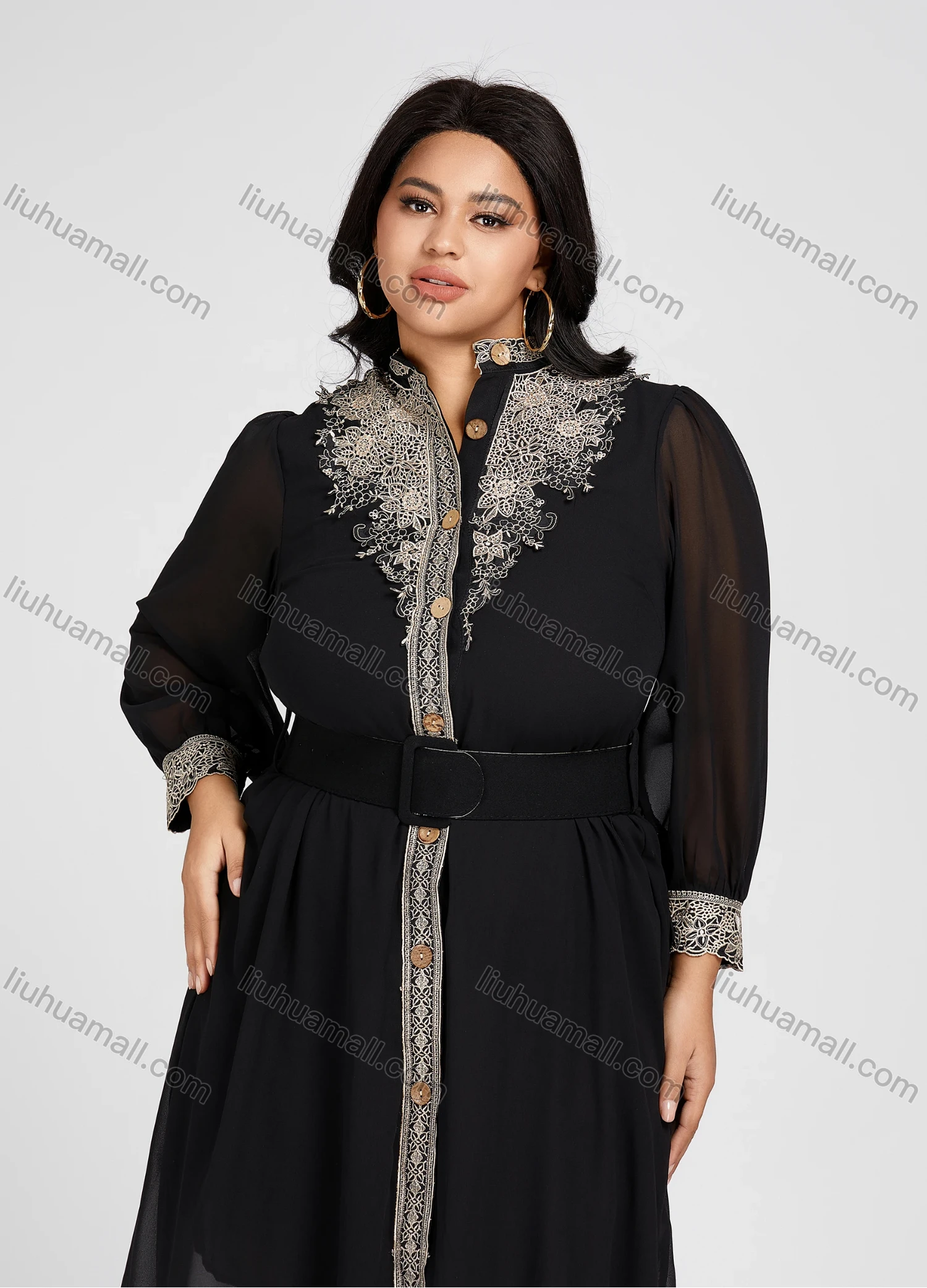 Wholesale Women's Chiffon Stand Collar Embroidery Floral High Waist Long Sleeve Button Down Knee Length Dress With Belt - Liuhuamall