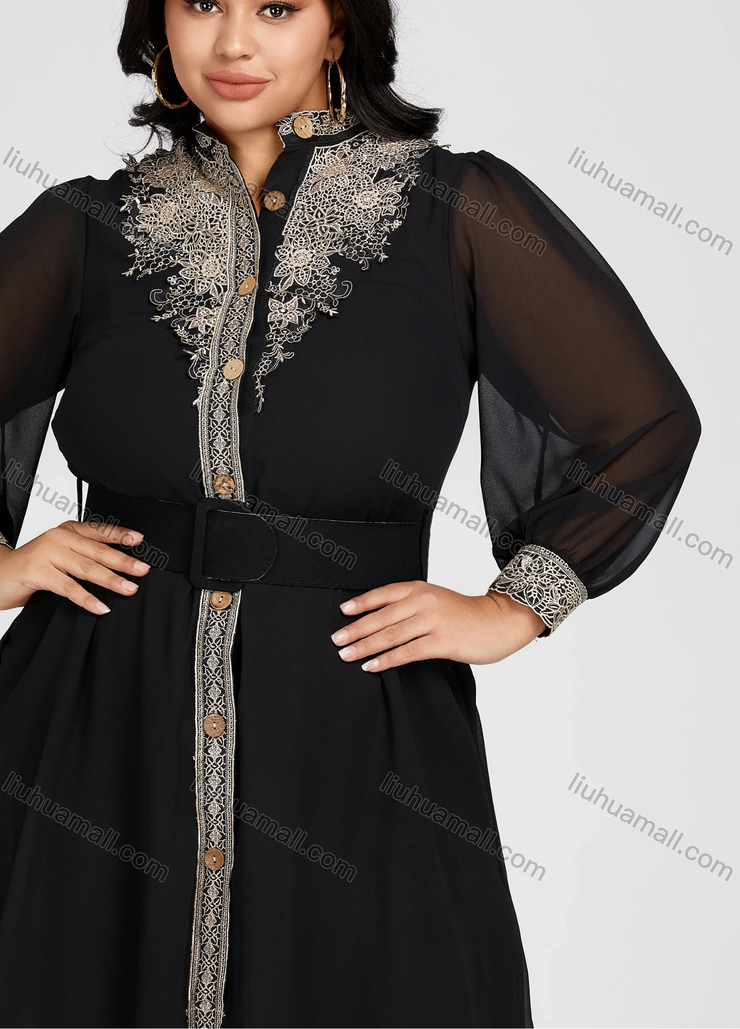 Wholesale Women's Chiffon Stand Collar Embroidery Floral High Waist Long Sleeve Button Down Knee Length Dress With Belt - Liuhuamall