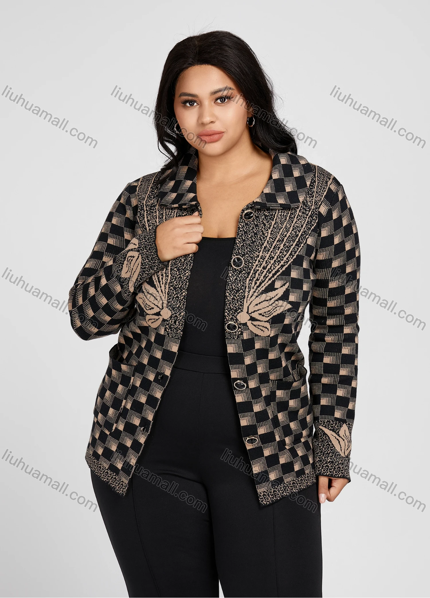 Wholesale Women's Plus Size Collared Checkerboard Print Double Patch Pockets Knitted Jackets 3316# - Liuhuamall