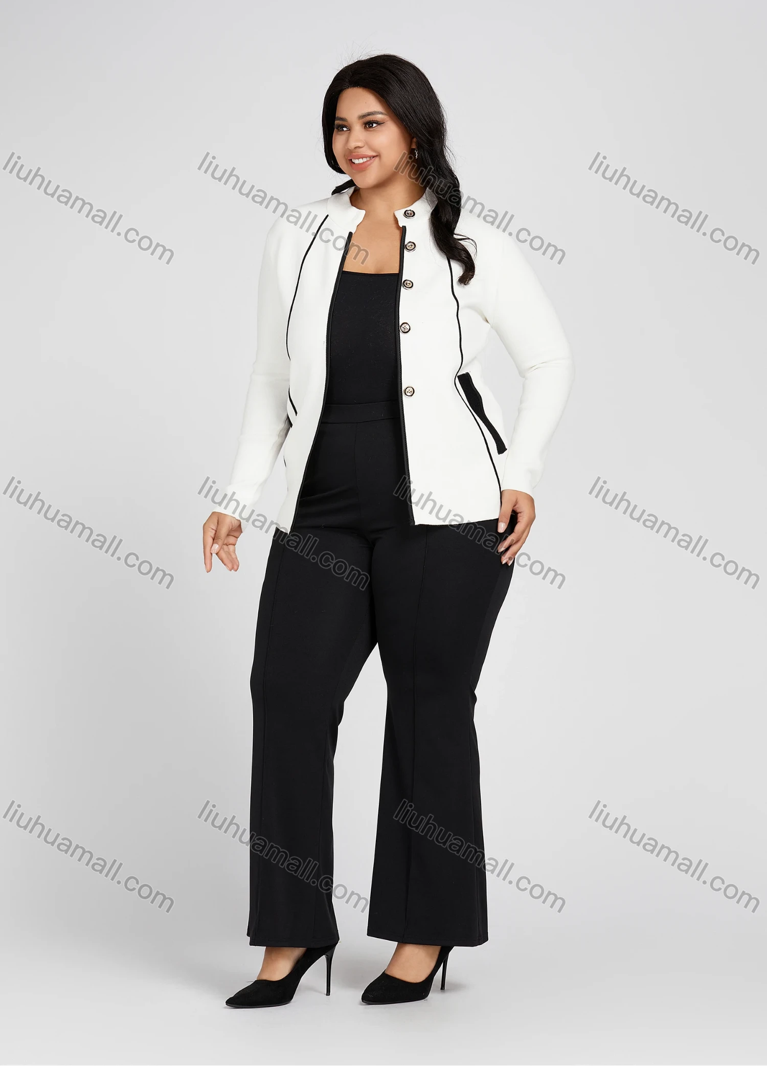 Wholesale Women's Plus Size Mock Neck Button Down Double Pockets Long Sleeve Knitted Jackets 1001# - Liuhuamall