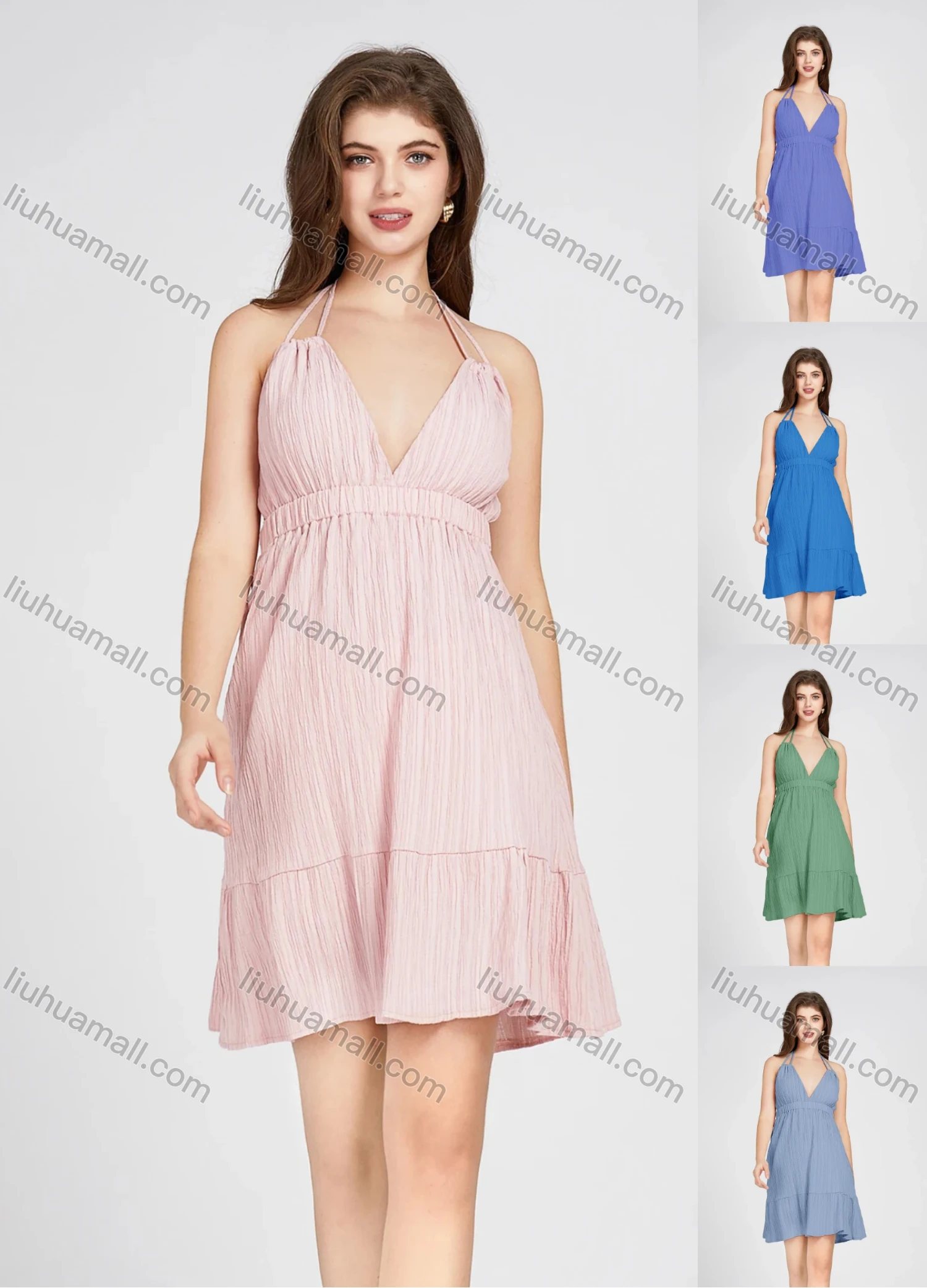 Wholesale Women's Deep V Neck Spaghetti Strap Plain High Waist Sleeveless Short Halter Dress 10383# - Liuhuamall