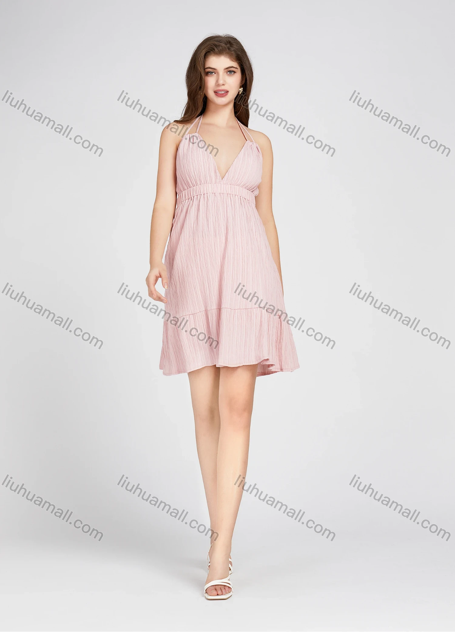 Wholesale Women's Deep V Neck Spaghetti Strap Plain High Waist Sleeveless Short Halter Dress 10383# - Liuhuamall