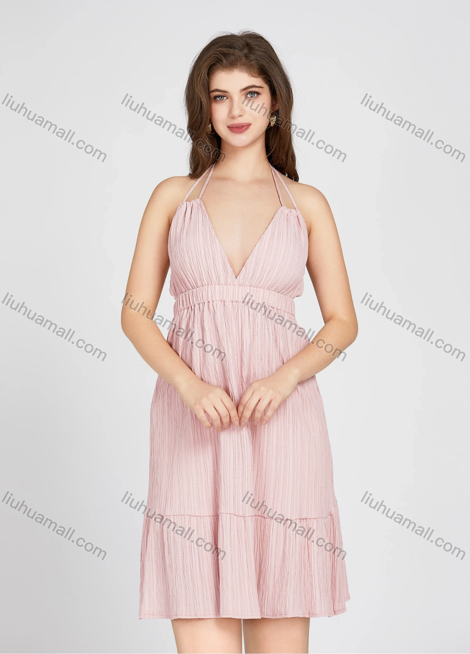 Wholesale Women's Deep V Neck Spaghetti Strap Plain High Waist Sleeveless Short Halter Dress 10383# - Liuhuamall