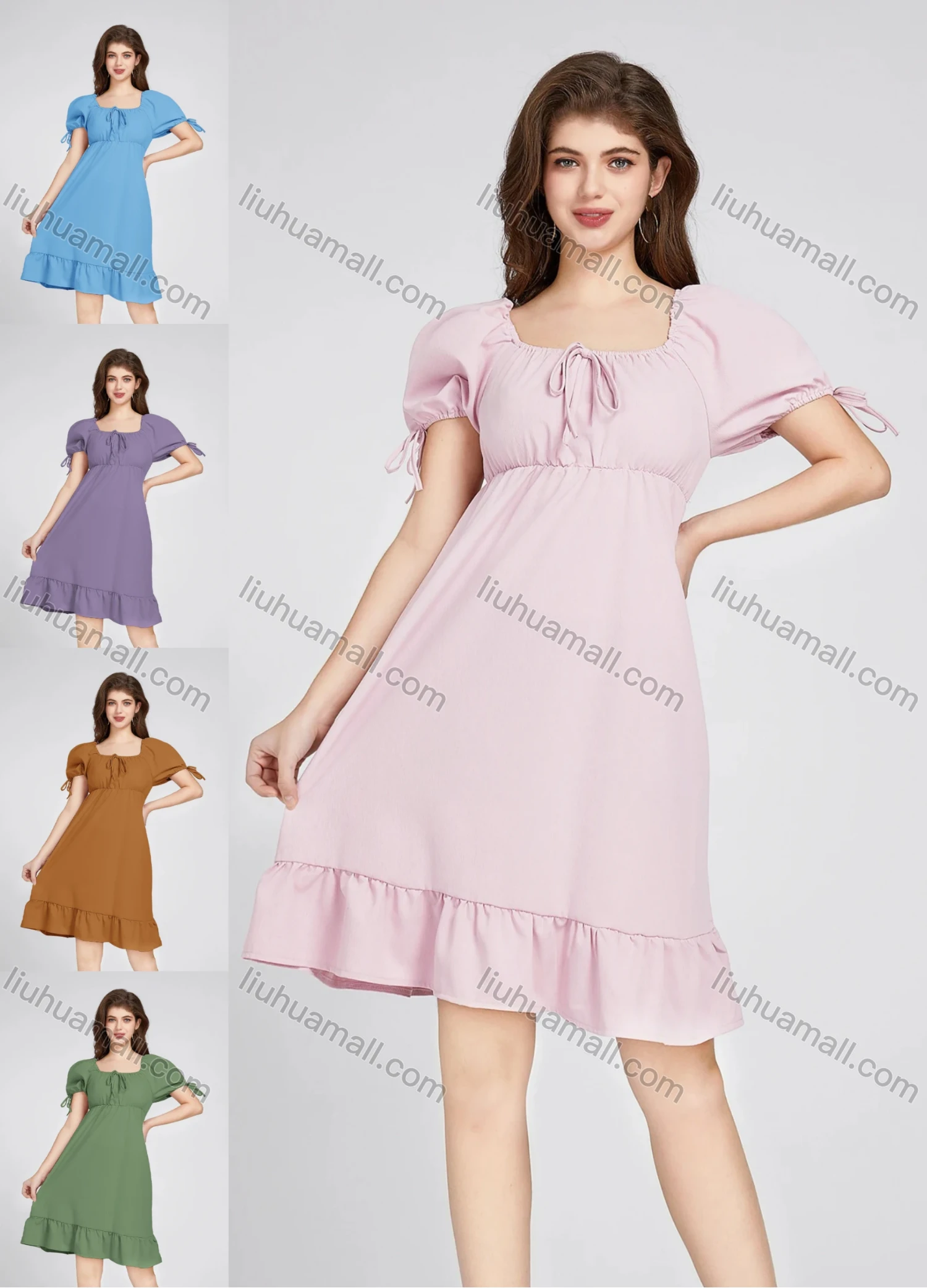 Wholesale Women's Square Neck High Waist Plain Puff Sleeve Short Dress 10372# - Liuhuamall
