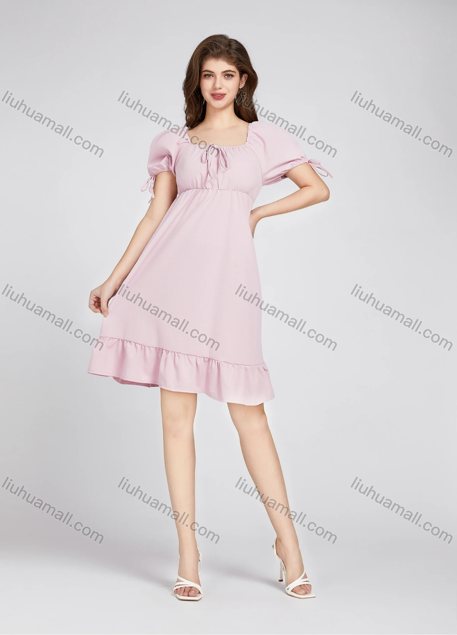 Wholesale Women's Square Neck High Waist Plain Puff Sleeve Short Dress 10372# - Liuhuamall