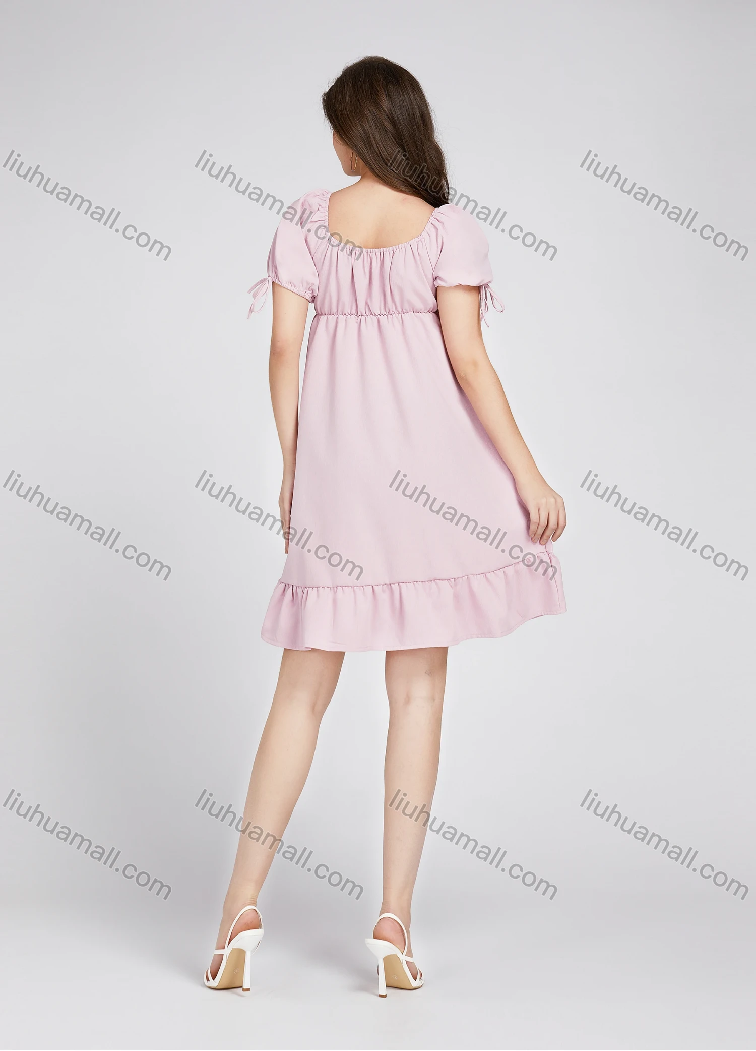 Wholesale Women's Square Neck High Waist Plain Puff Sleeve Short Dress 10372# - Liuhuamall