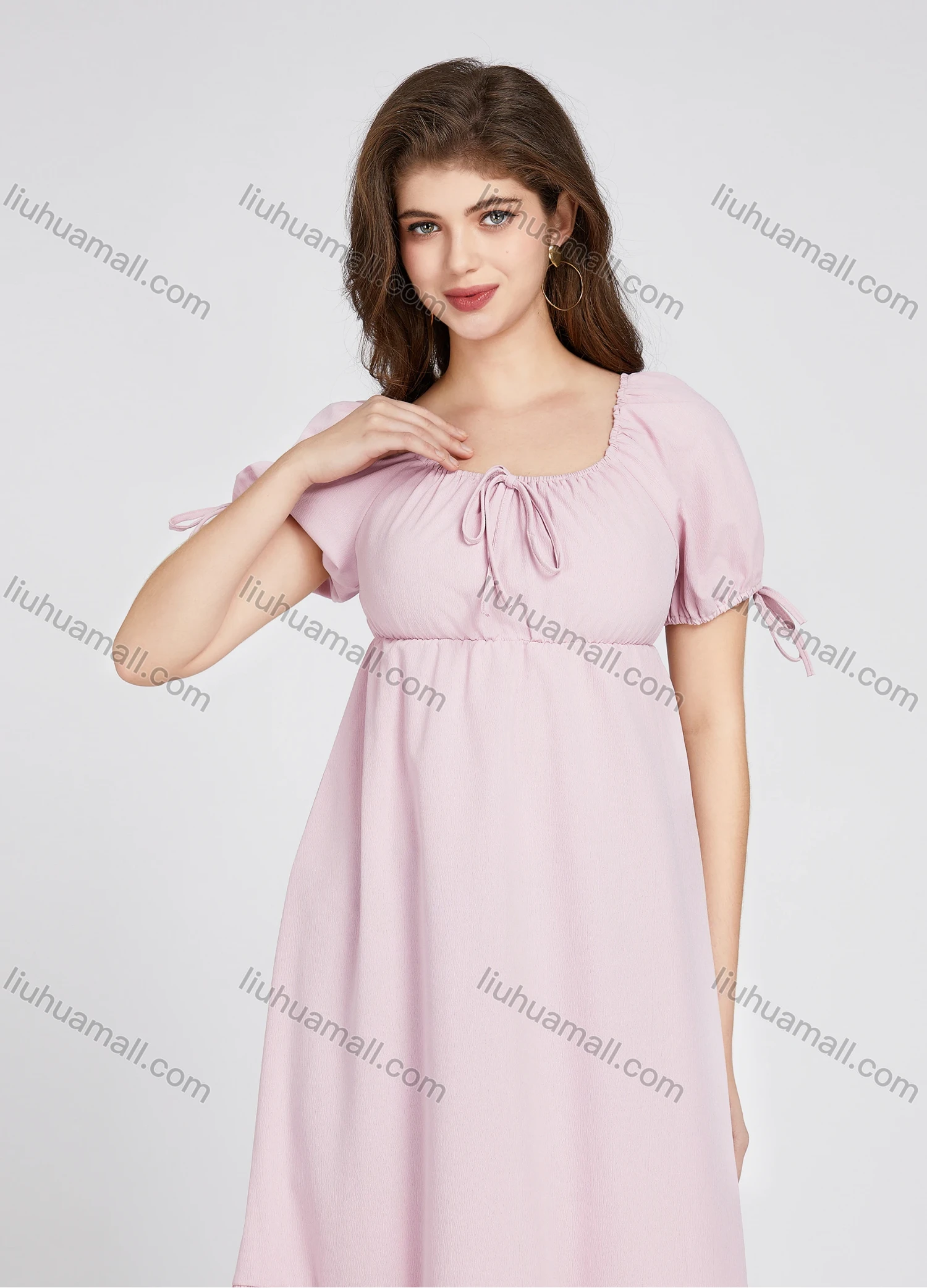 Wholesale Women's Square Neck High Waist Plain Puff Sleeve Short Dress 10372# - Liuhuamall