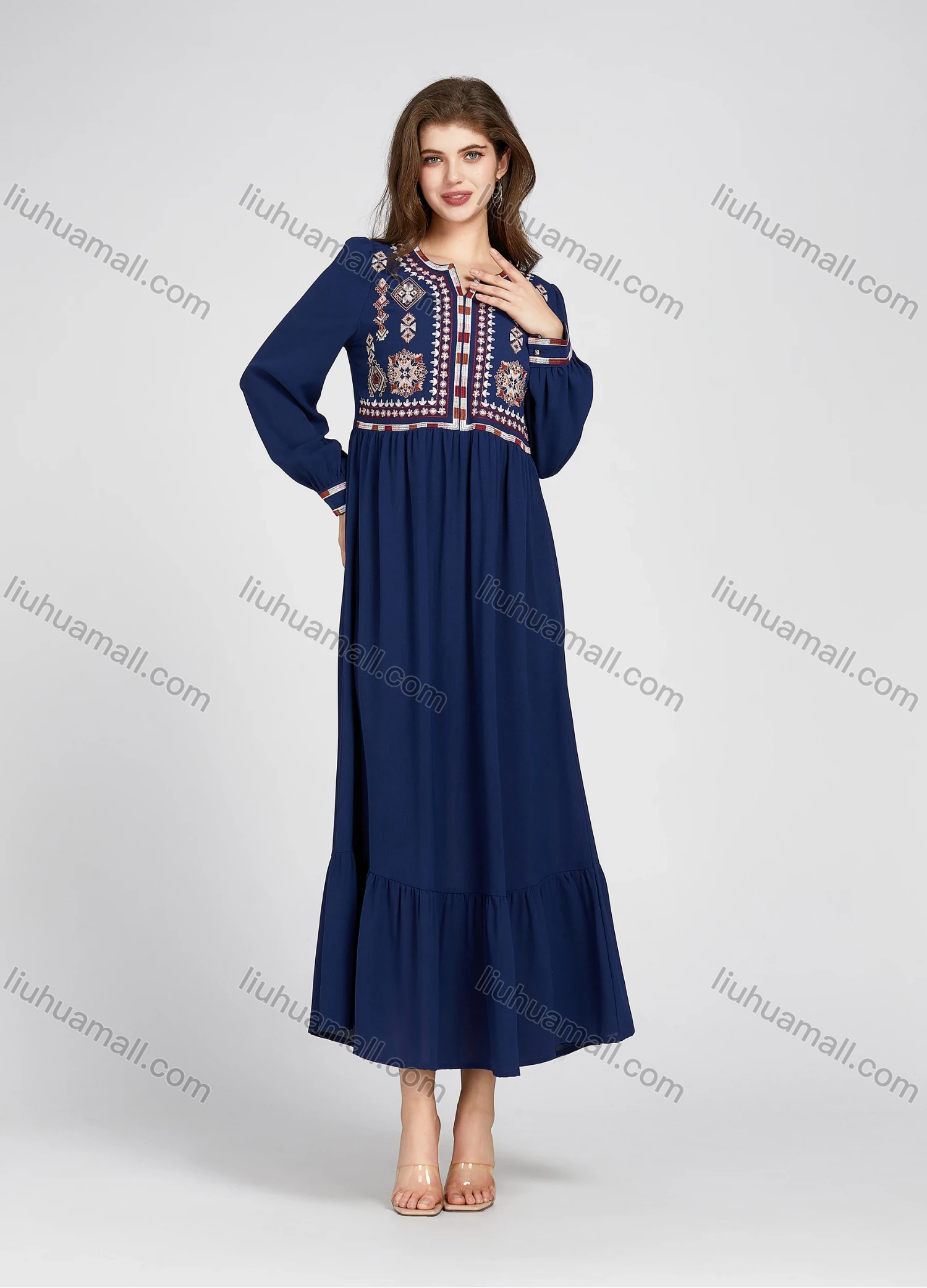 Wholesale Women's Elegant Folk Art Embroidery Ruched Ruffle Hem Notched Neck Long Sleeve Maxi Dress 888-185# - Liuhuamall