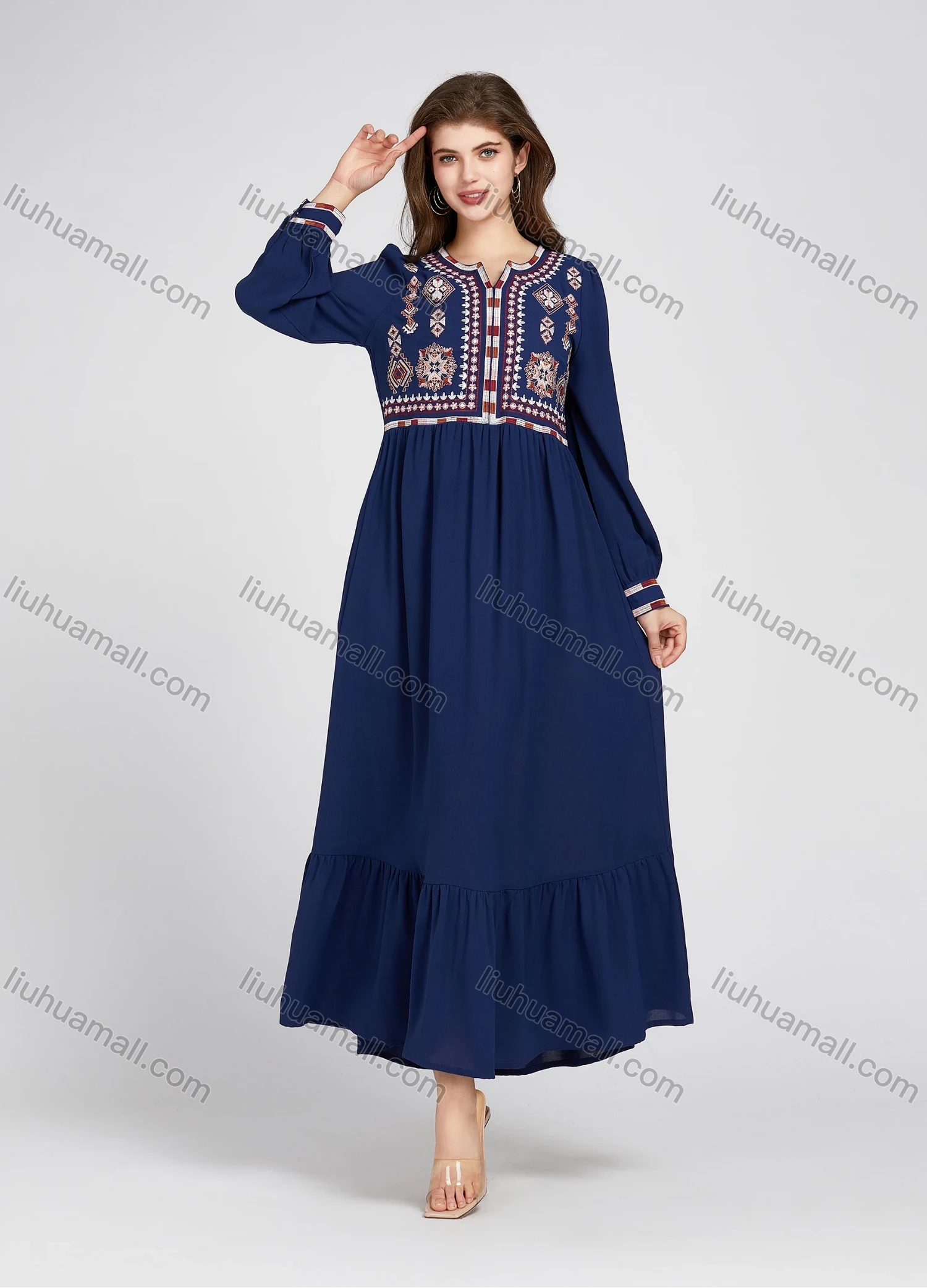 Wholesale Women's Elegant Folk Art Embroidery Ruched Ruffle Hem Notched Neck Long Sleeve Maxi Dress 888-185# - Liuhuamall