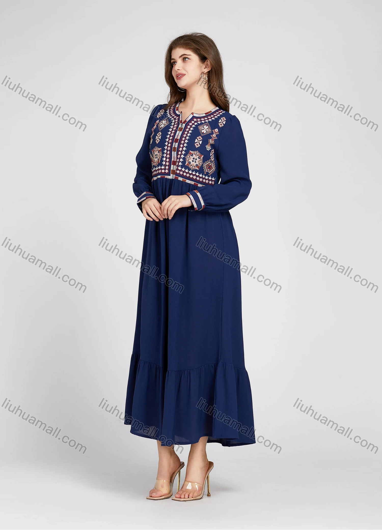 Wholesale Women's Elegant Folk Art Embroidery Ruched Ruffle Hem Notched Neck Long Sleeve Maxi Dress 888-185# - Liuhuamall