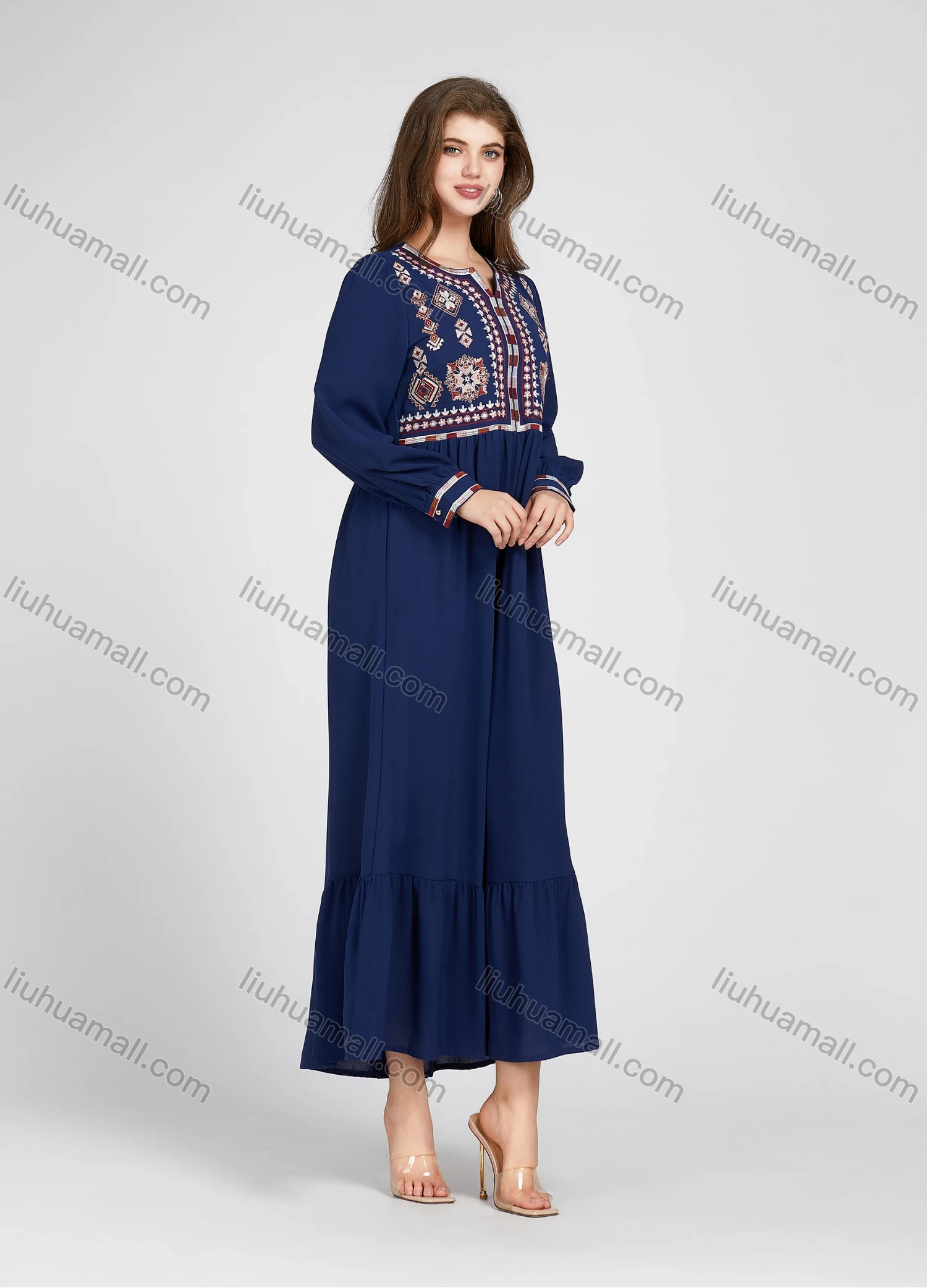 Wholesale Women's Elegant Folk Art Embroidery Ruched Ruffle Hem Notched Neck Long Sleeve Maxi Dress 888-185# - Liuhuamall