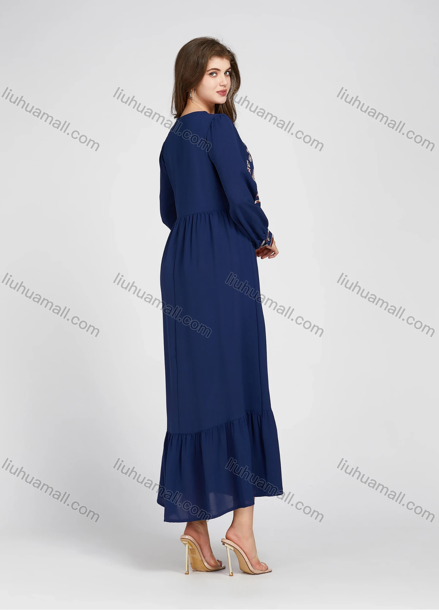 Wholesale Women's Elegant Folk Art Embroidery Ruched Ruffle Hem Notched Neck Long Sleeve Maxi Dress 888-185# - Liuhuamall