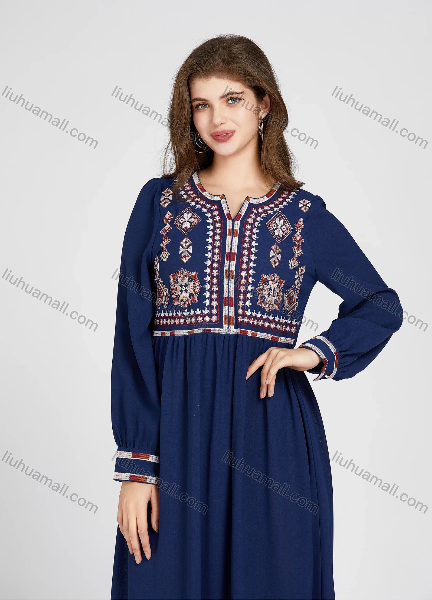 Wholesale Women's Elegant Folk Art Embroidery Ruched Ruffle Hem Notched Neck Long Sleeve Maxi Dress 888-185# - Liuhuamall