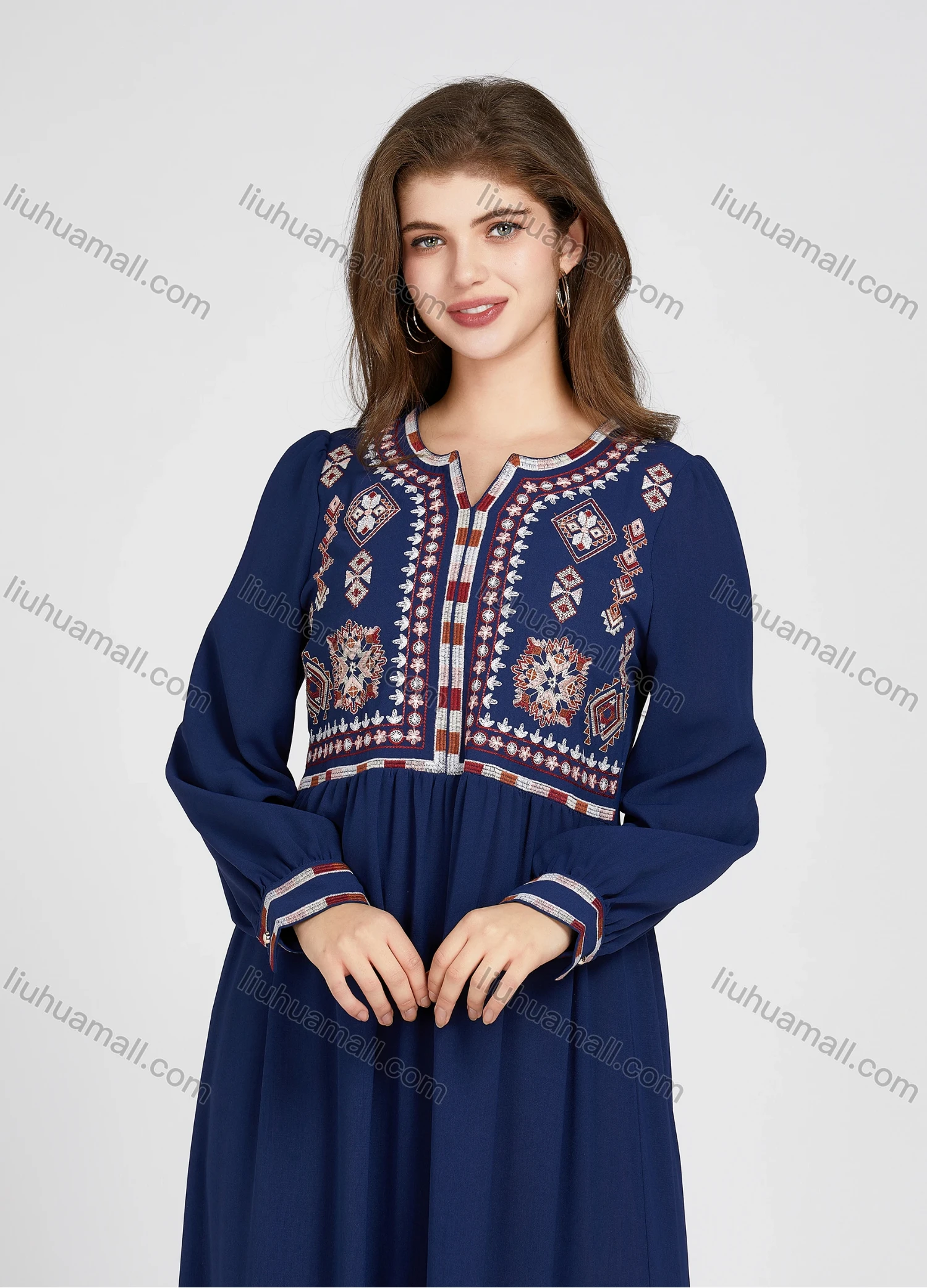 Wholesale Women's Elegant Folk Art Embroidery Ruched Ruffle Hem Notched Neck Long Sleeve Maxi Dress 888-185# - Liuhuamall